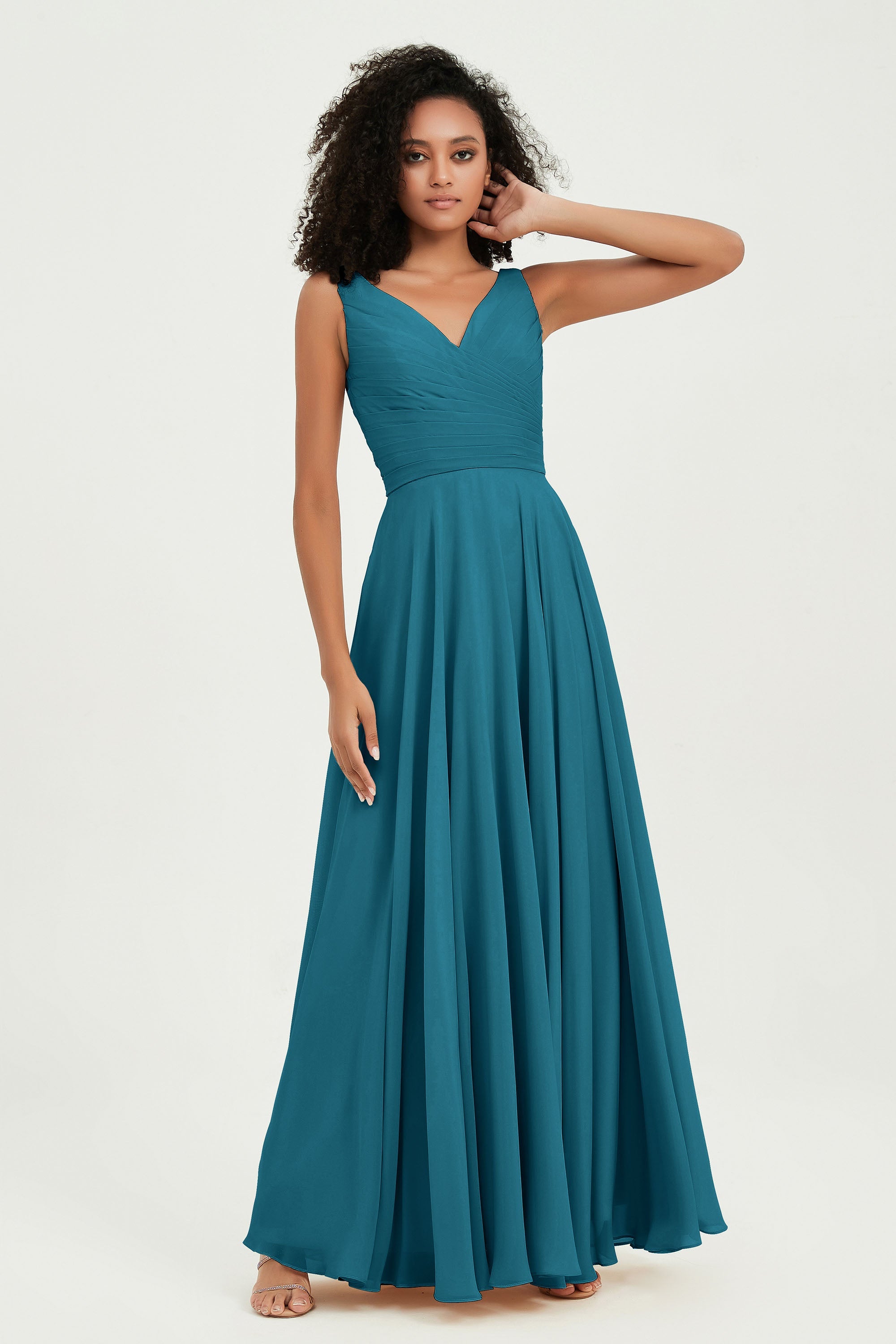 V Neck Chiffon Sleeveless Bridesmaid Dress Pleated Formal Evening Prom Dresses with Bow Sash