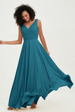 V Neck Chiffon Sleeveless Bridesmaid Dress Pleated Formal Evening Prom Dresses with Bow Sash