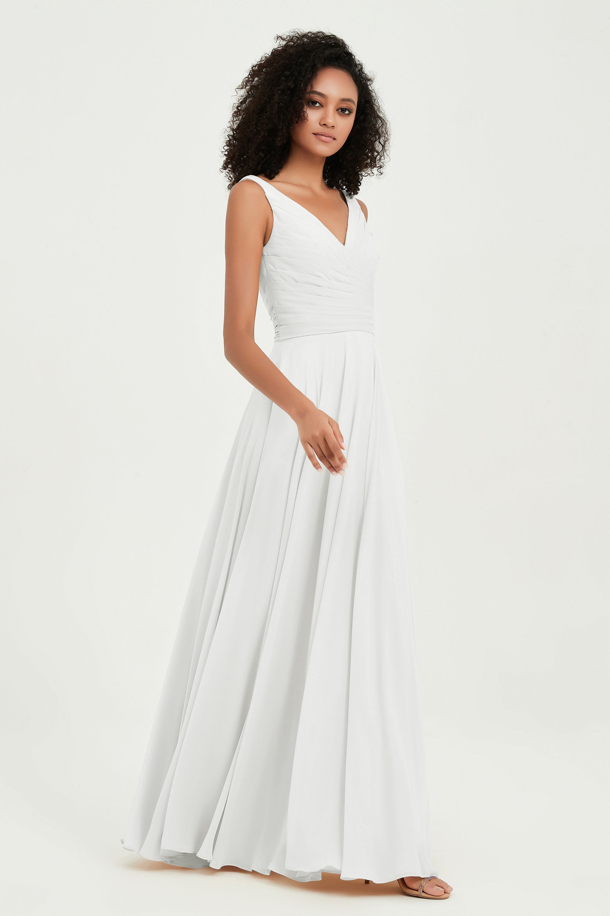 V Neck Chiffon Sleeveless Bridesmaid Dress Pleated Formal Evening Prom Dresses with Bow Sash