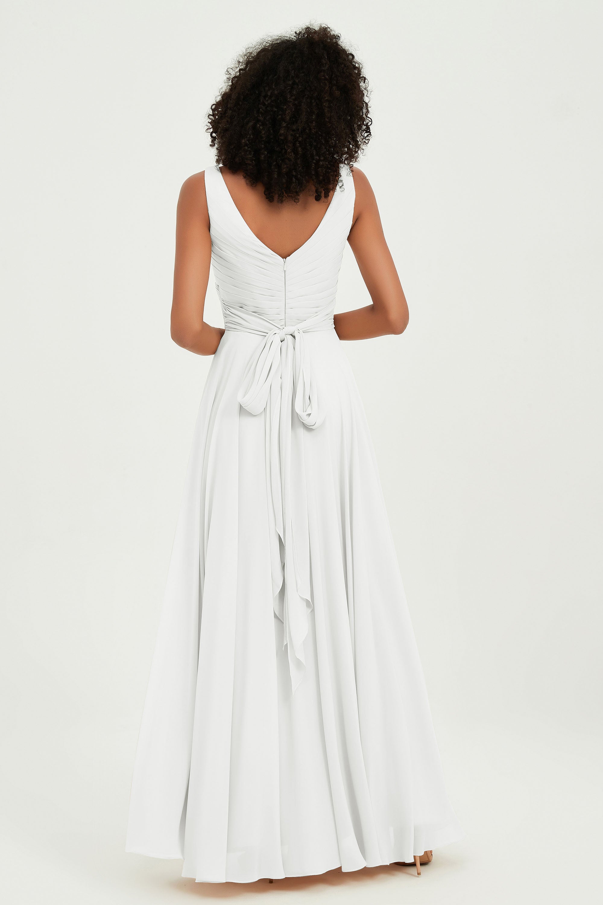 V Neck Chiffon Sleeveless Bridesmaid Dress Pleated Formal Evening Prom Dresses with Bow Sash