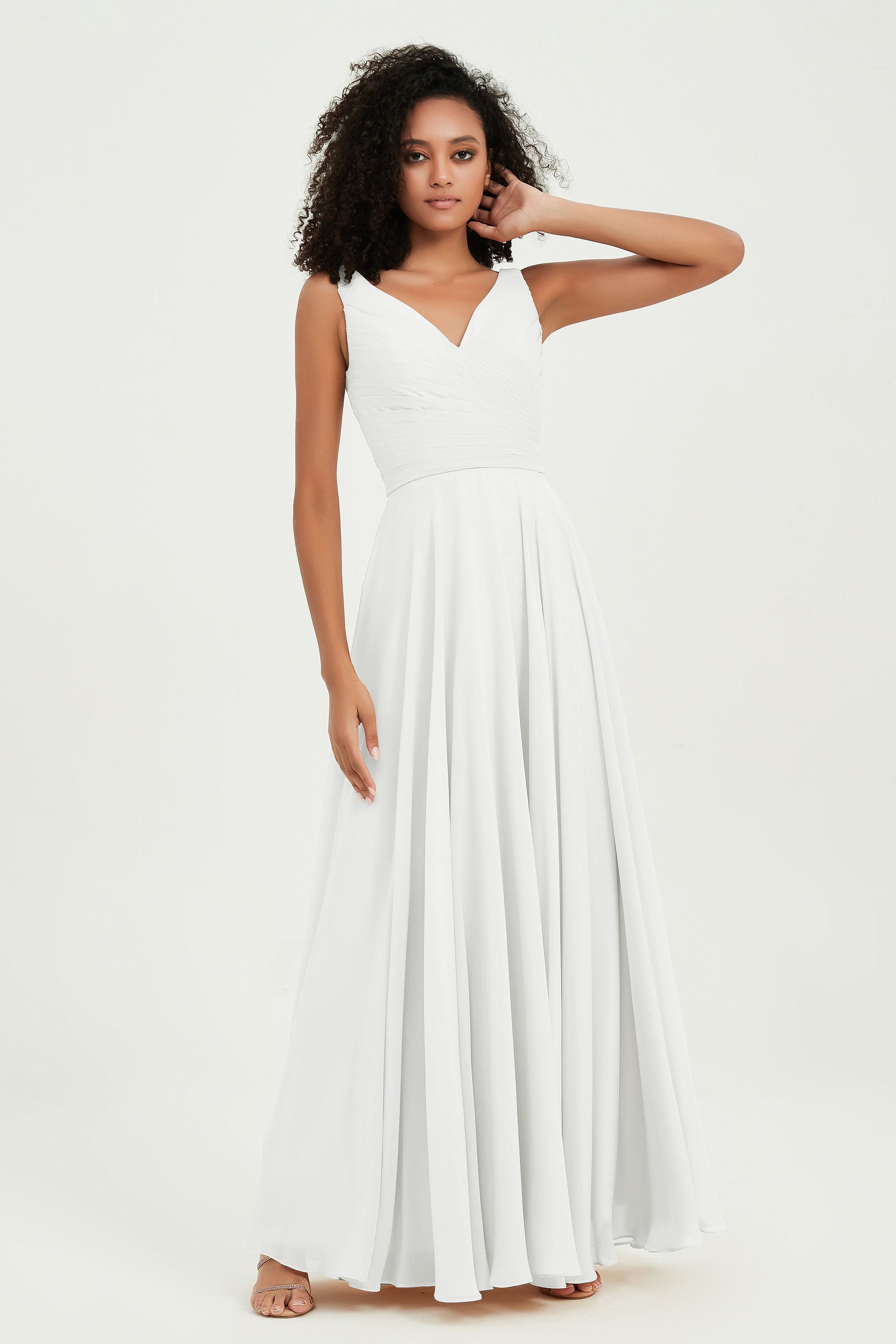 V Neck Chiffon Sleeveless Bridesmaid Dress Pleated Formal Evening Prom Dresses with Bow Sash