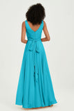V Neck Chiffon Sleeveless Bridesmaid Dress Pleated Formal Evening Prom Dresses with Bow Sash
