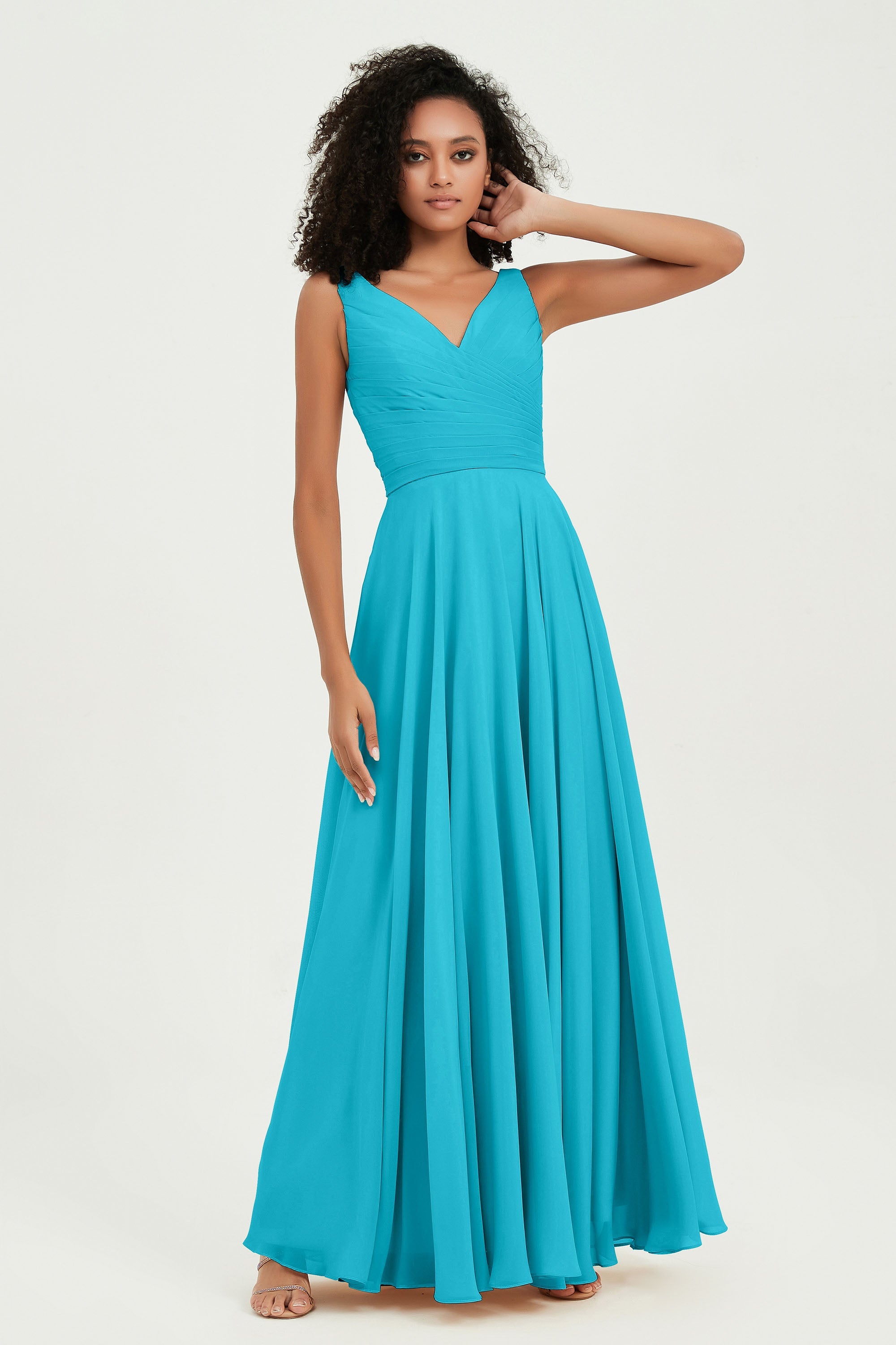 V Neck Chiffon Sleeveless Bridesmaid Dress Pleated Formal Evening Prom Dresses with Bow Sash