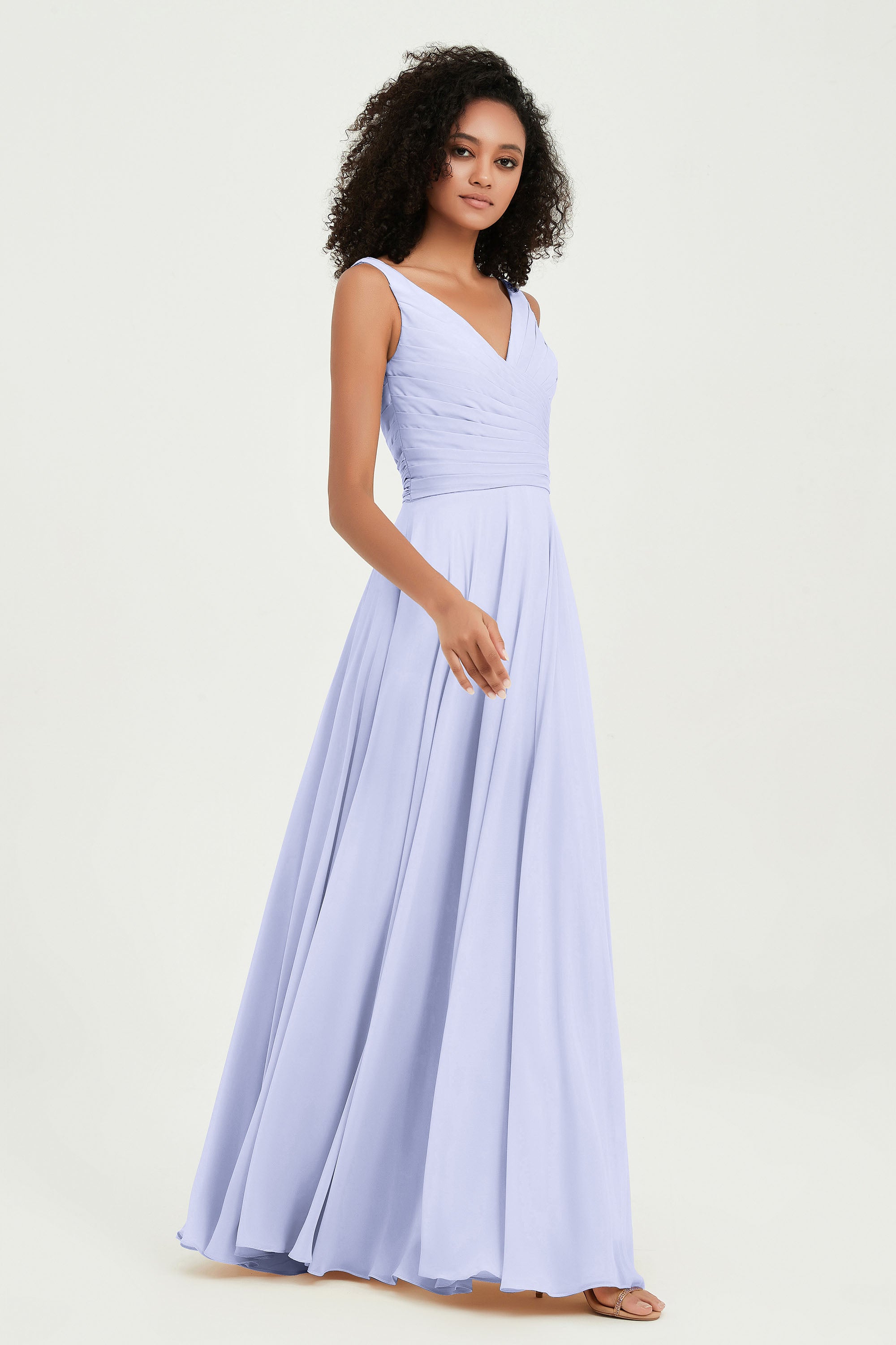 V Neck Chiffon Sleeveless Bridesmaid Dress Pleated Formal Evening Prom Dresses with Bow Sash