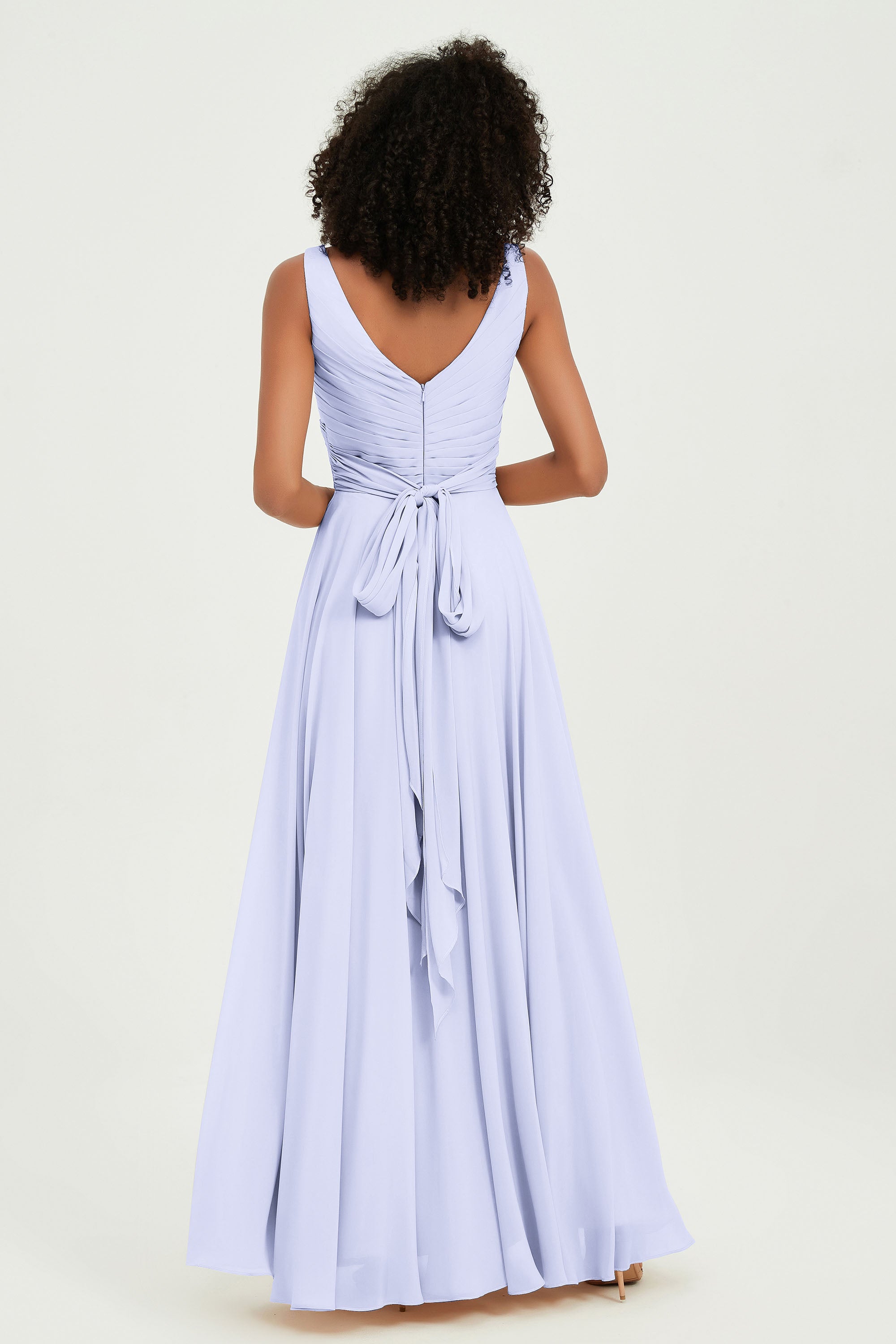 V Neck Chiffon Sleeveless Bridesmaid Dress Pleated Formal Evening Prom Dresses with Bow Sash