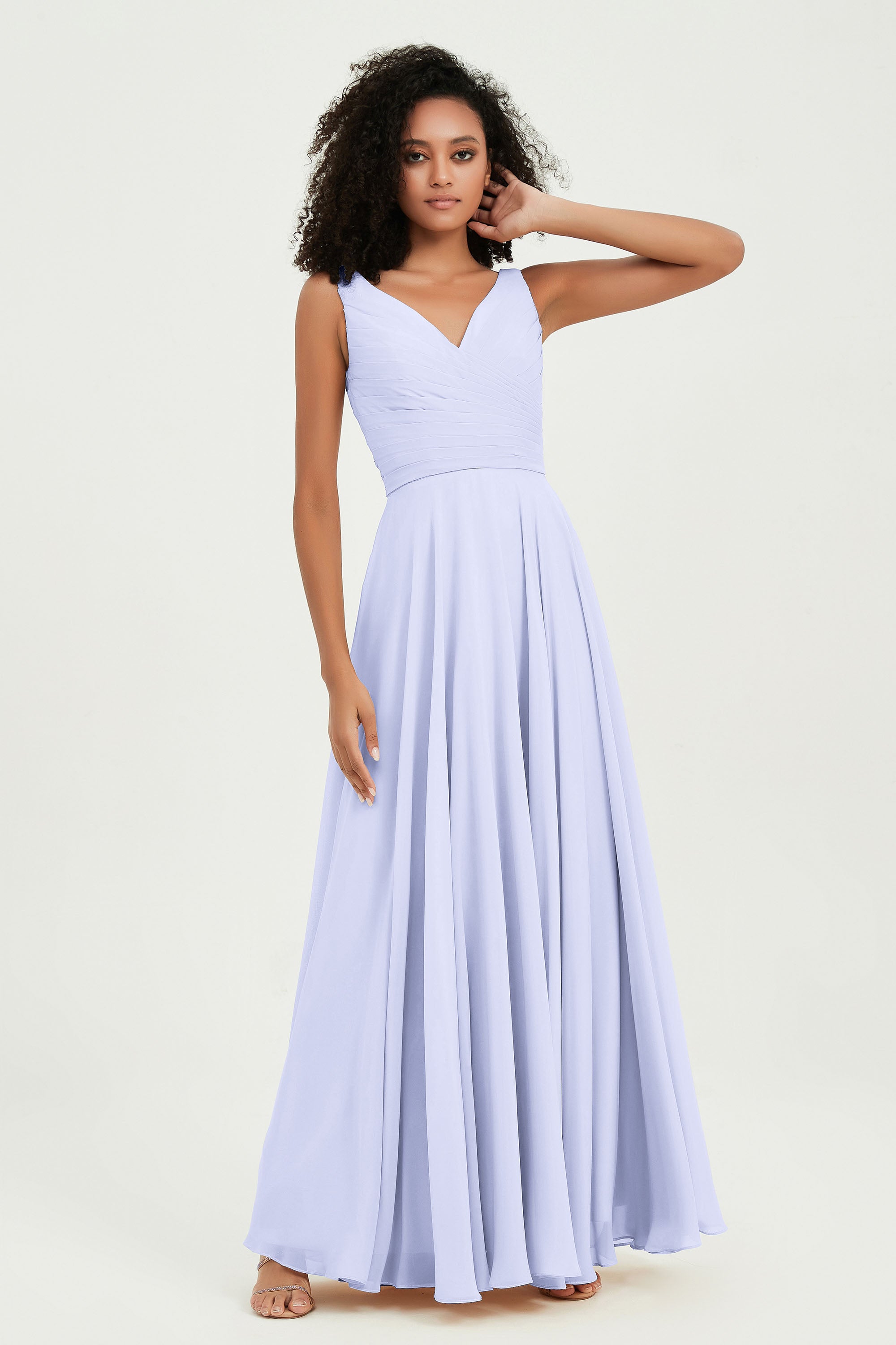 V Neck Chiffon Sleeveless Bridesmaid Dress Pleated Formal Evening Prom Dresses with Bow Sash
