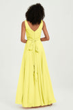 V Neck Chiffon Sleeveless Bridesmaid Dress Pleated Formal Evening Prom Dresses with Bow Sash