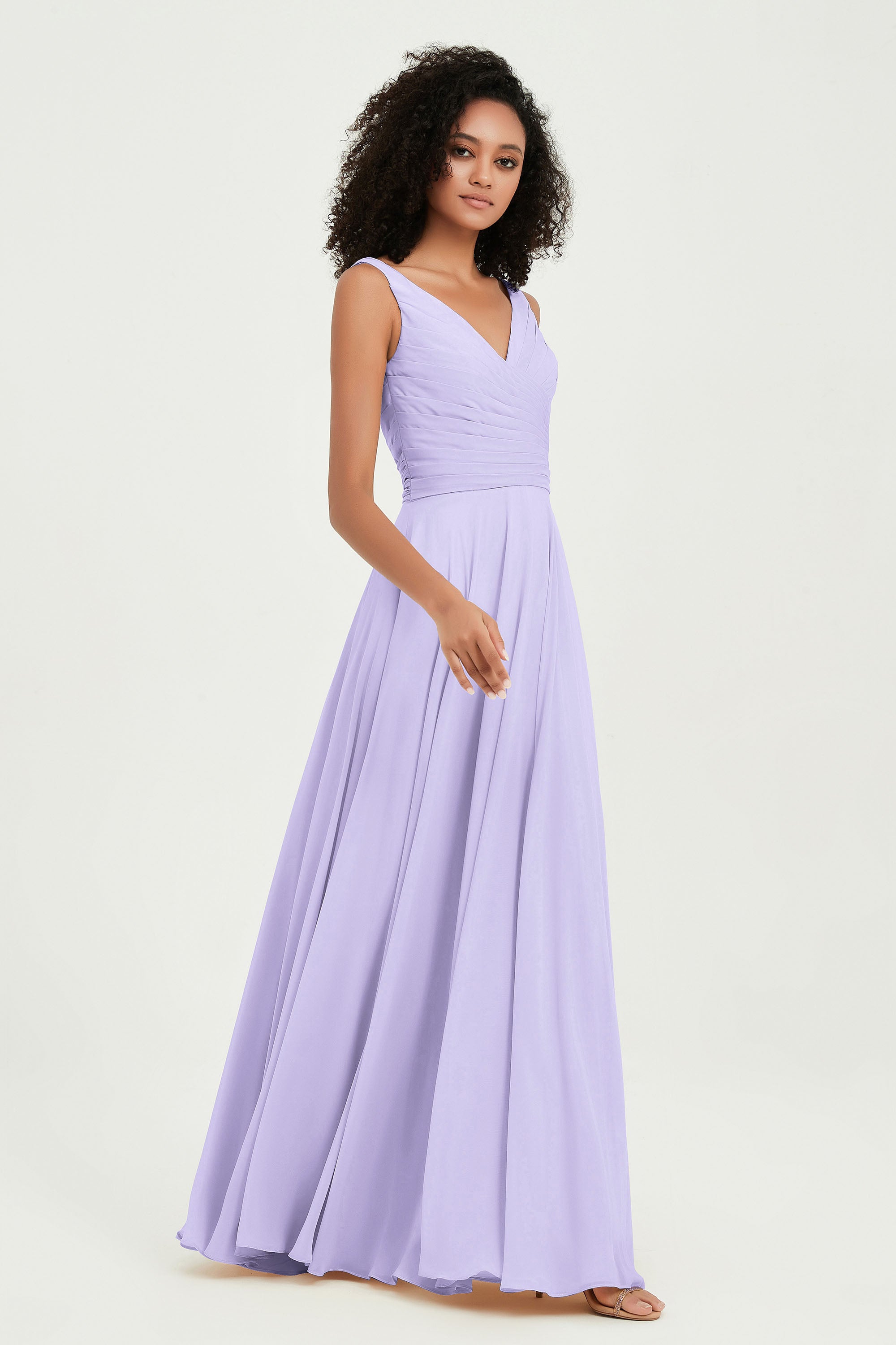 V Neck Chiffon Sleeveless Bridesmaid Dress Pleated Formal Evening Prom Dresses with Bow Sash