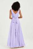 V Neck Chiffon Sleeveless Bridesmaid Dress Pleated Formal Evening Prom Dresses with Bow Sash