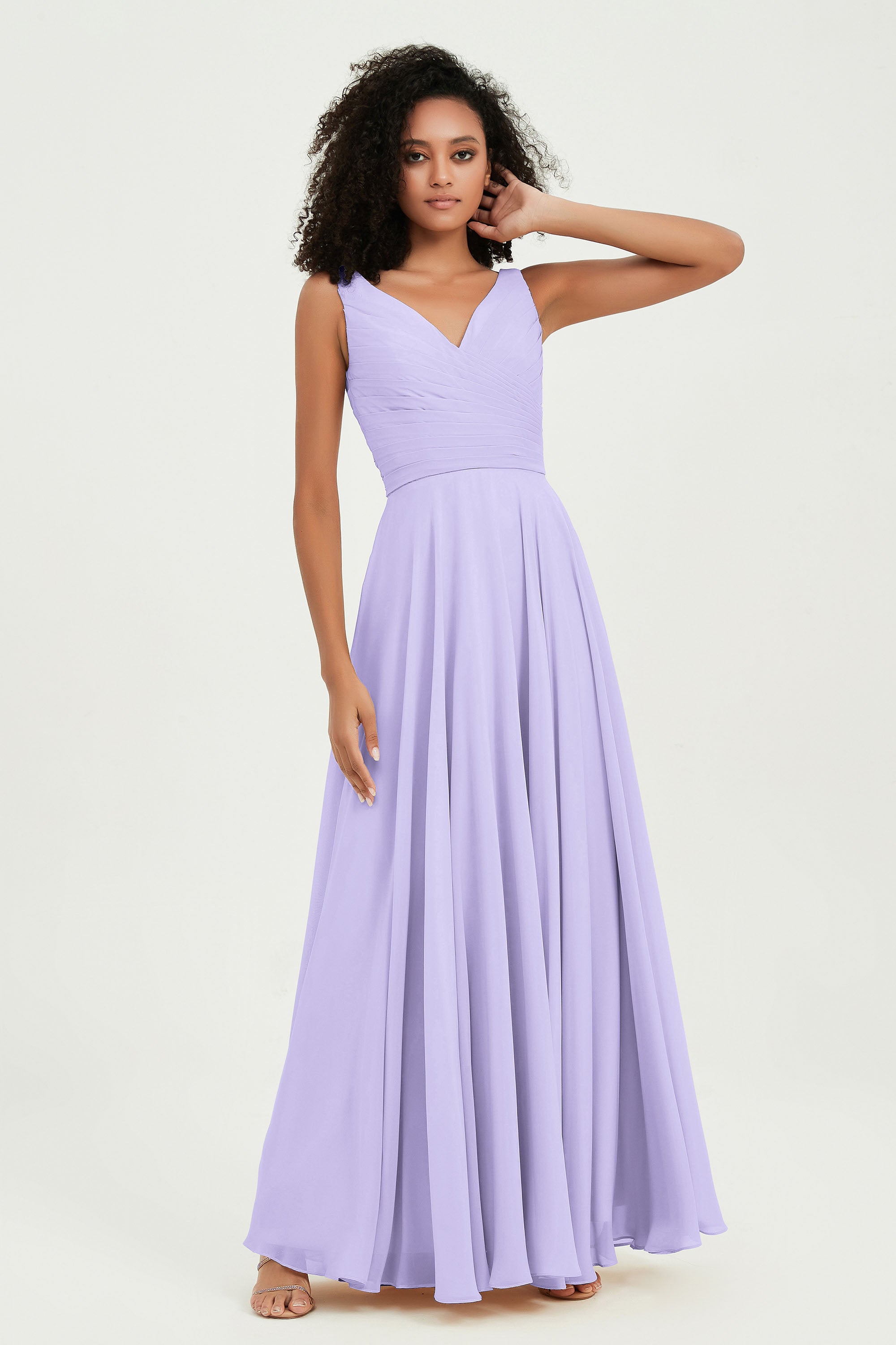 V Neck Chiffon Sleeveless Bridesmaid Dress Pleated Formal Evening Prom Dresses with Bow Sash