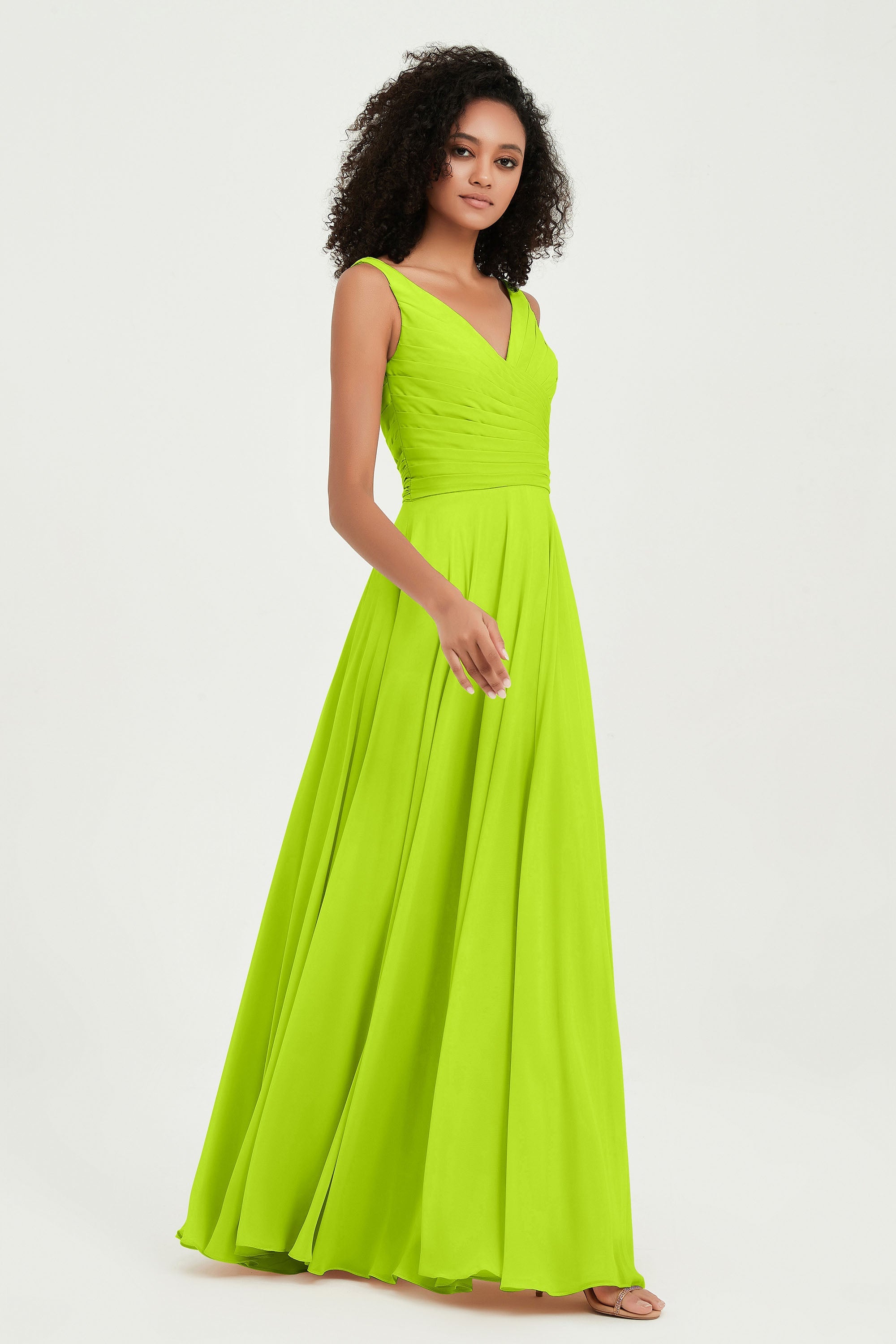 V Neck Chiffon Sleeveless Bridesmaid Dress Pleated Formal Evening Prom Dresses with Bow Sash