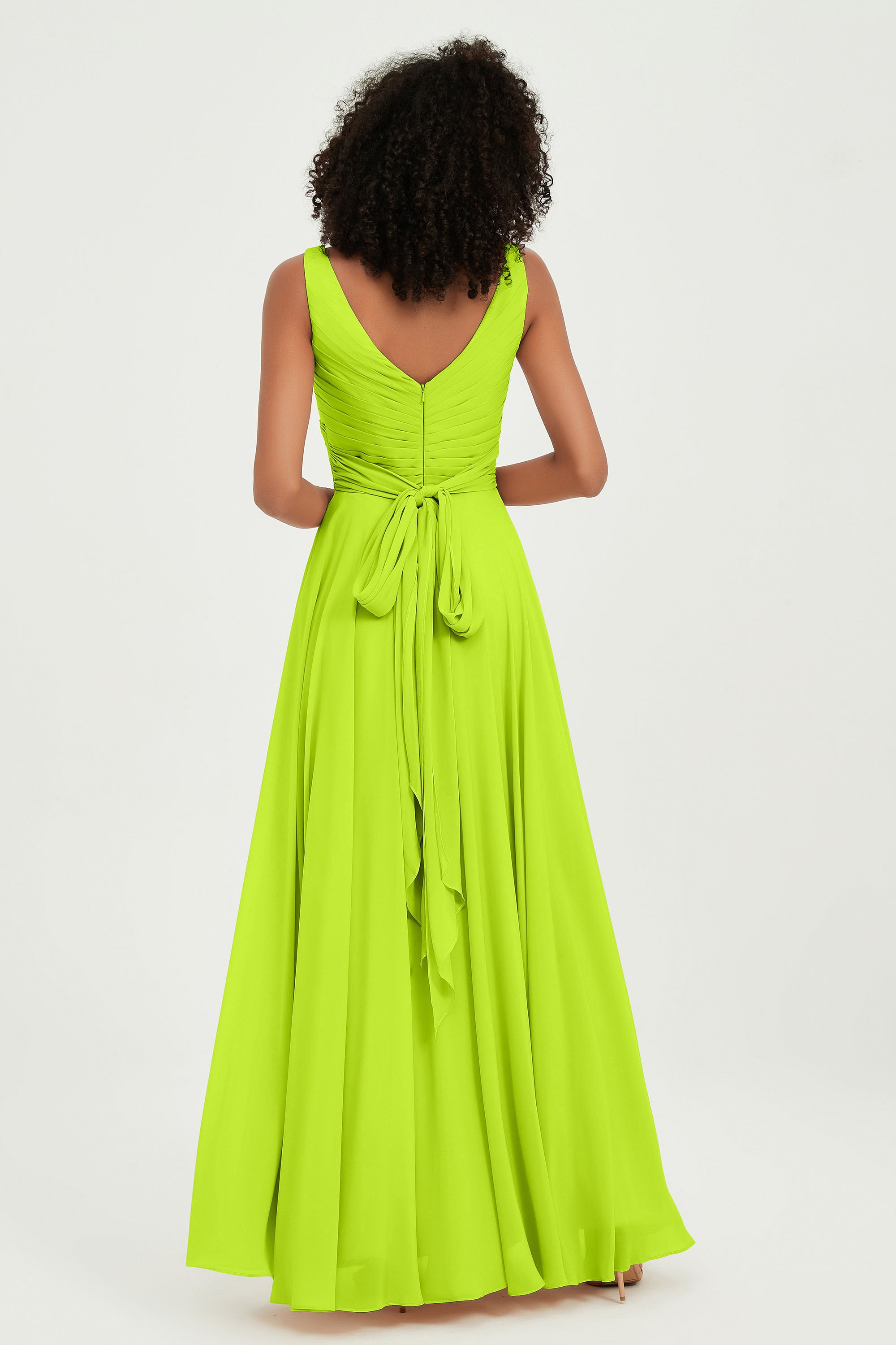 V Neck Chiffon Sleeveless Bridesmaid Dress Pleated Formal Evening Prom Dresses with Bow Sash