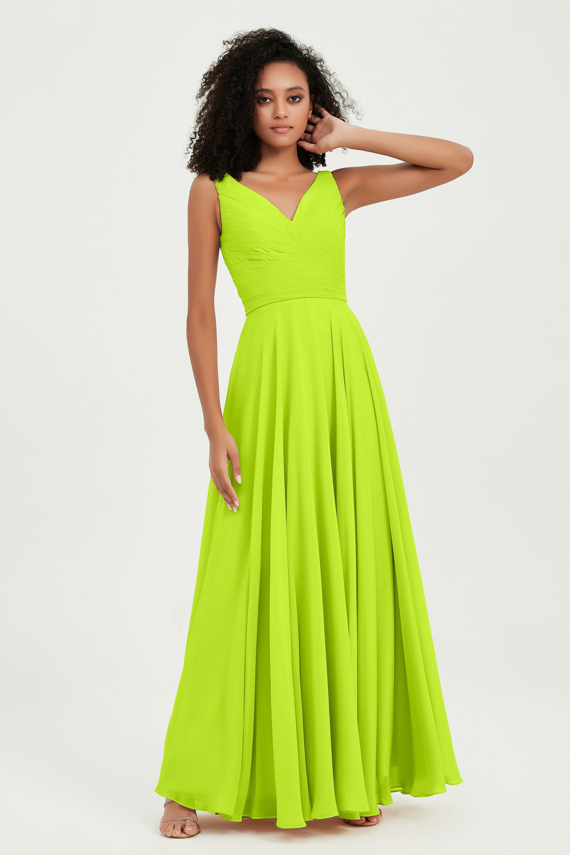 V Neck Chiffon Sleeveless Bridesmaid Dress Pleated Formal Evening Prom Dresses with Bow Sash