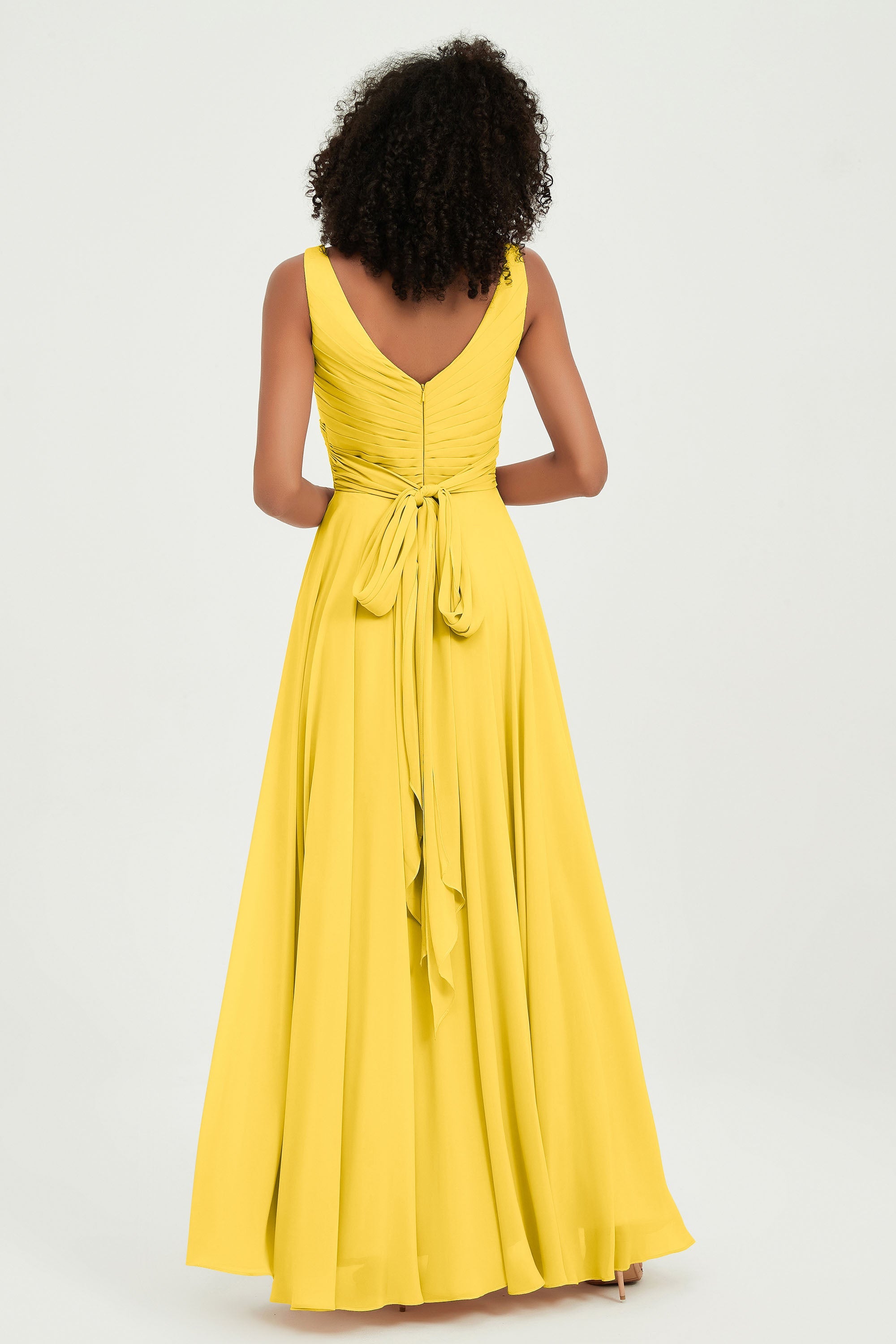 V Neck Chiffon Sleeveless Bridesmaid Dress Pleated Formal Evening Prom Dresses with Bow Sash