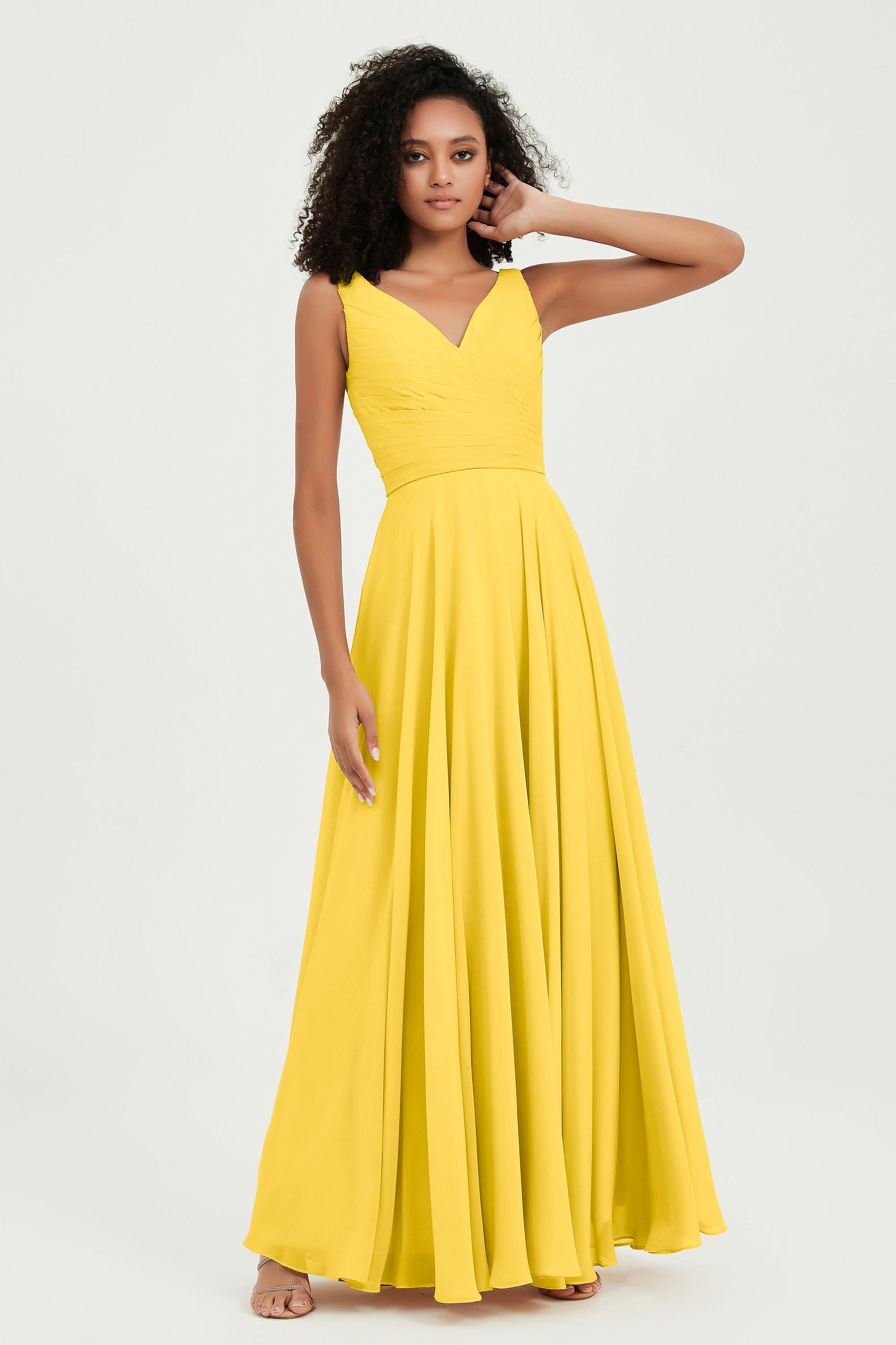V Neck Chiffon Sleeveless Bridesmaid Dress Pleated Formal Evening Prom Dresses with Bow Sash