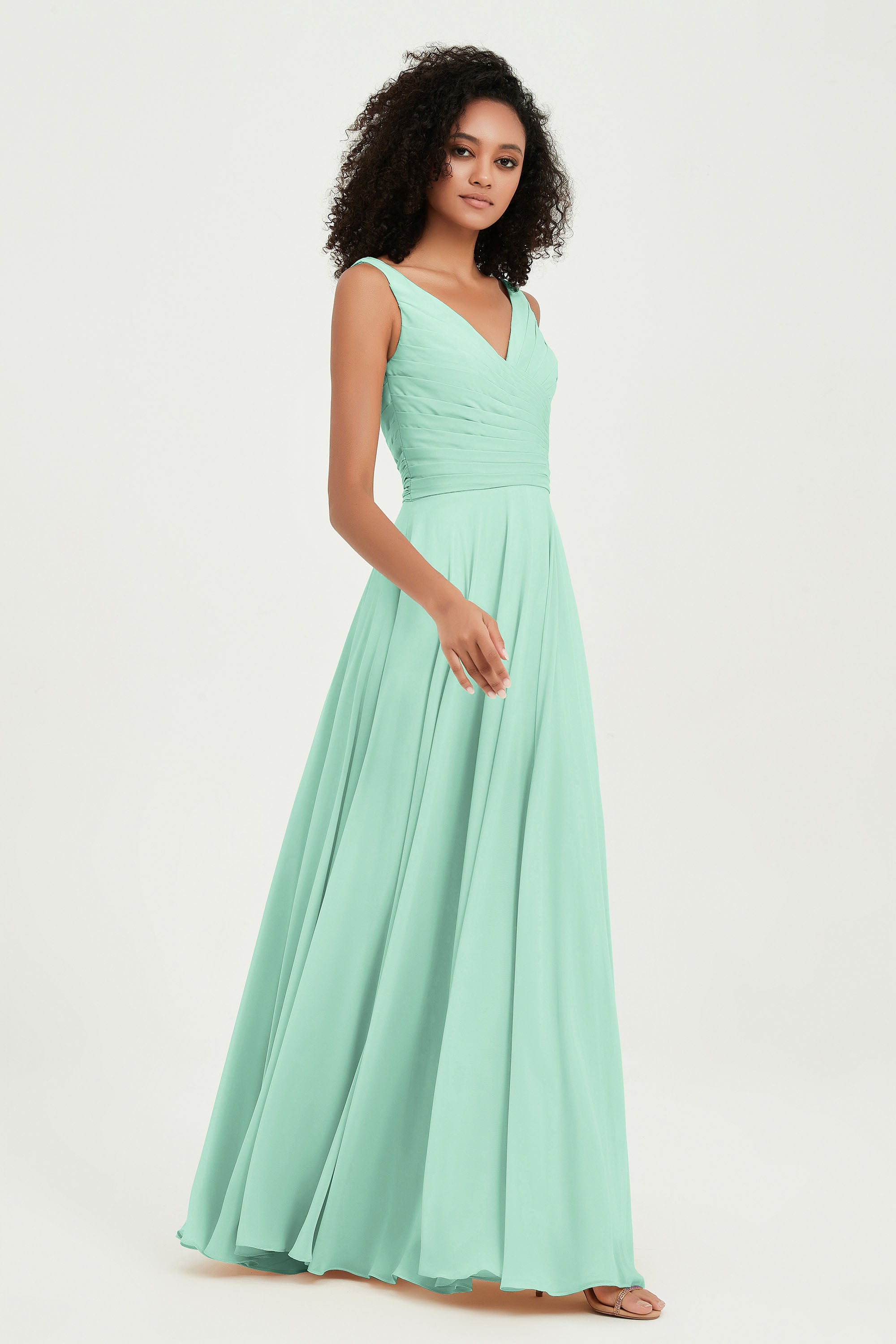 V Neck Chiffon Sleeveless Bridesmaid Dress Pleated Formal Evening Prom Dresses with Bow Sash
