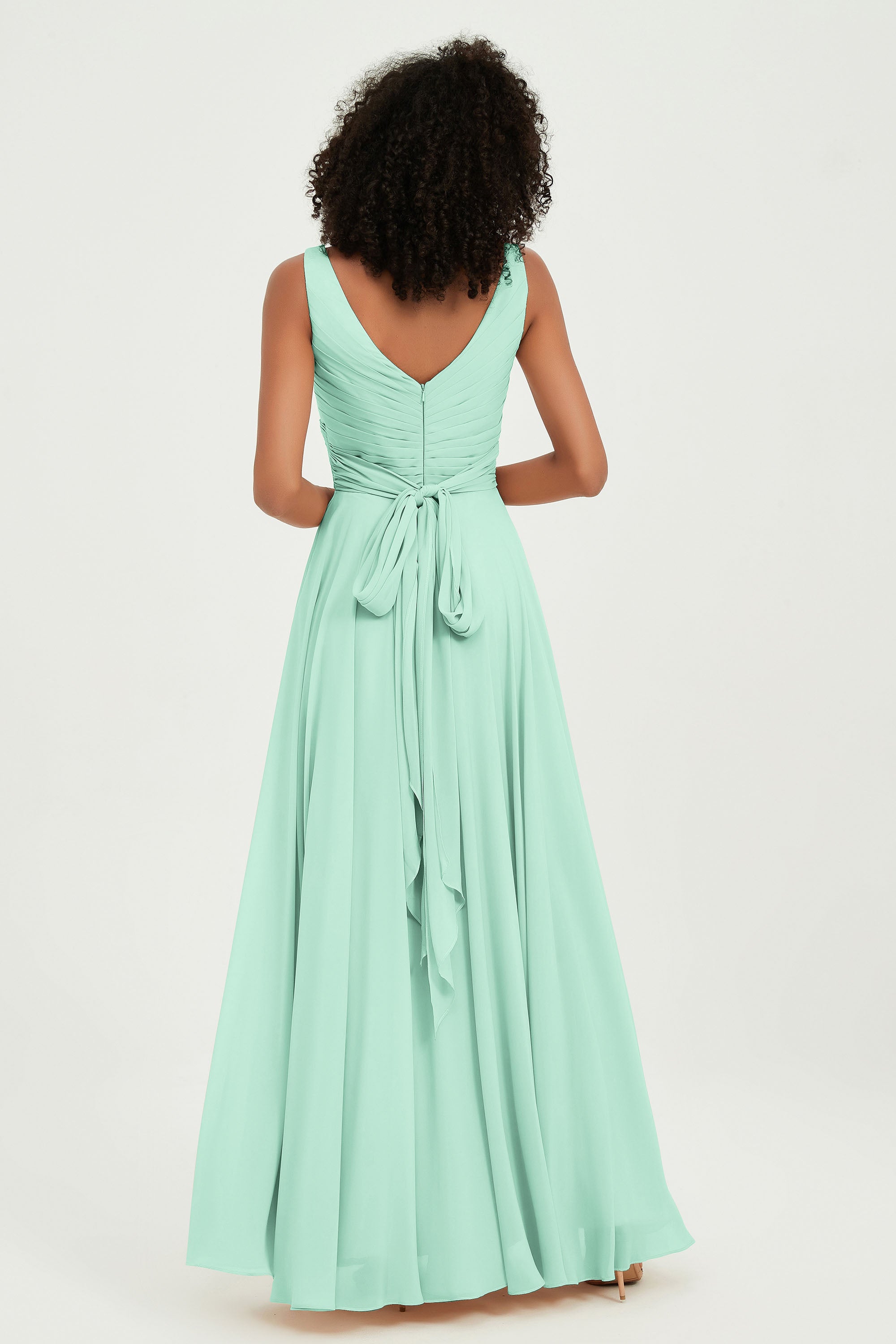 V Neck Chiffon Sleeveless Bridesmaid Dress Pleated Formal Evening Prom Dresses with Bow Sash