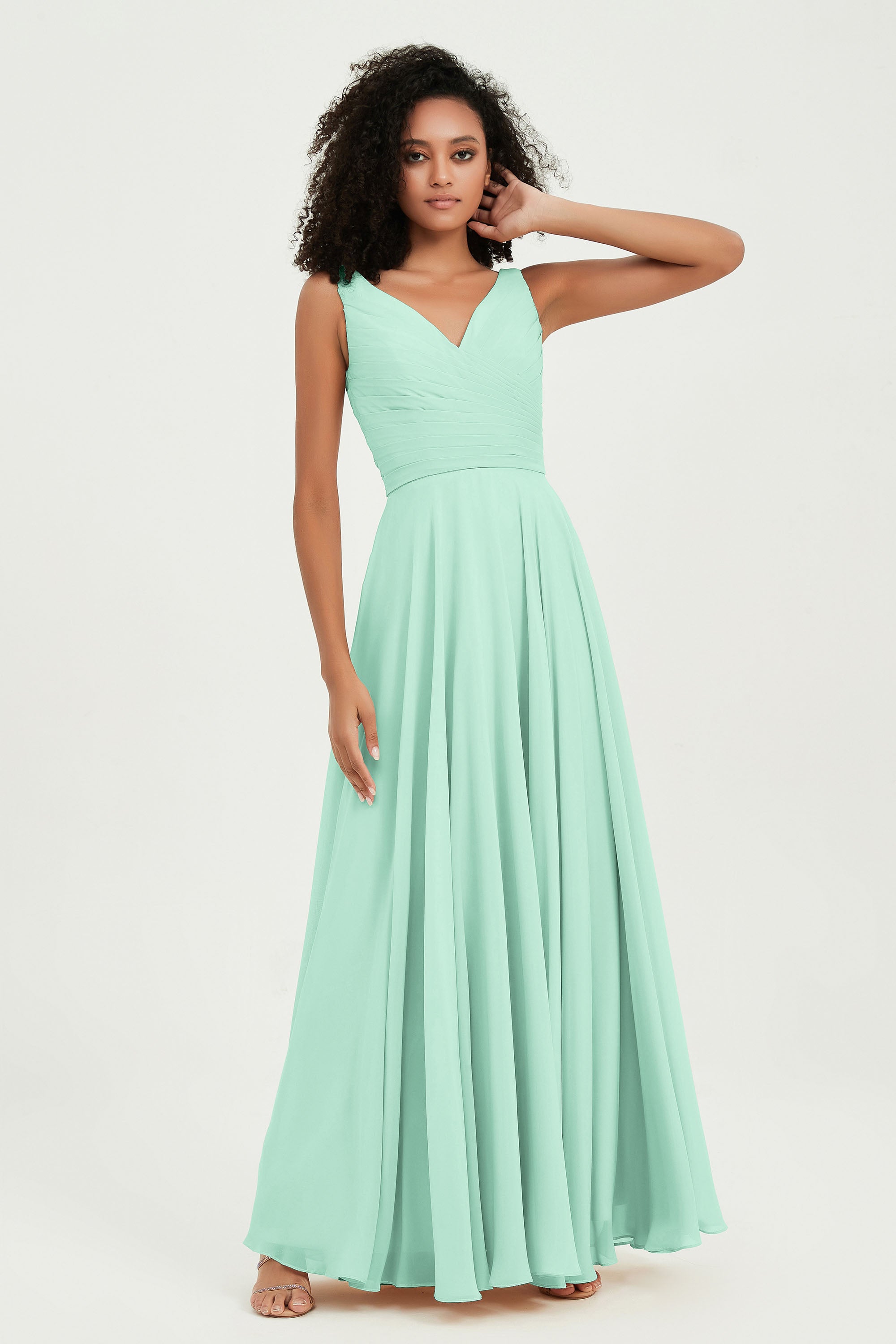 V Neck Chiffon Sleeveless Bridesmaid Dress Pleated Formal Evening Prom Dresses with Bow Sash