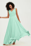 V Neck Chiffon Sleeveless Bridesmaid Dress Pleated Formal Evening Prom Dresses with Bow Sash