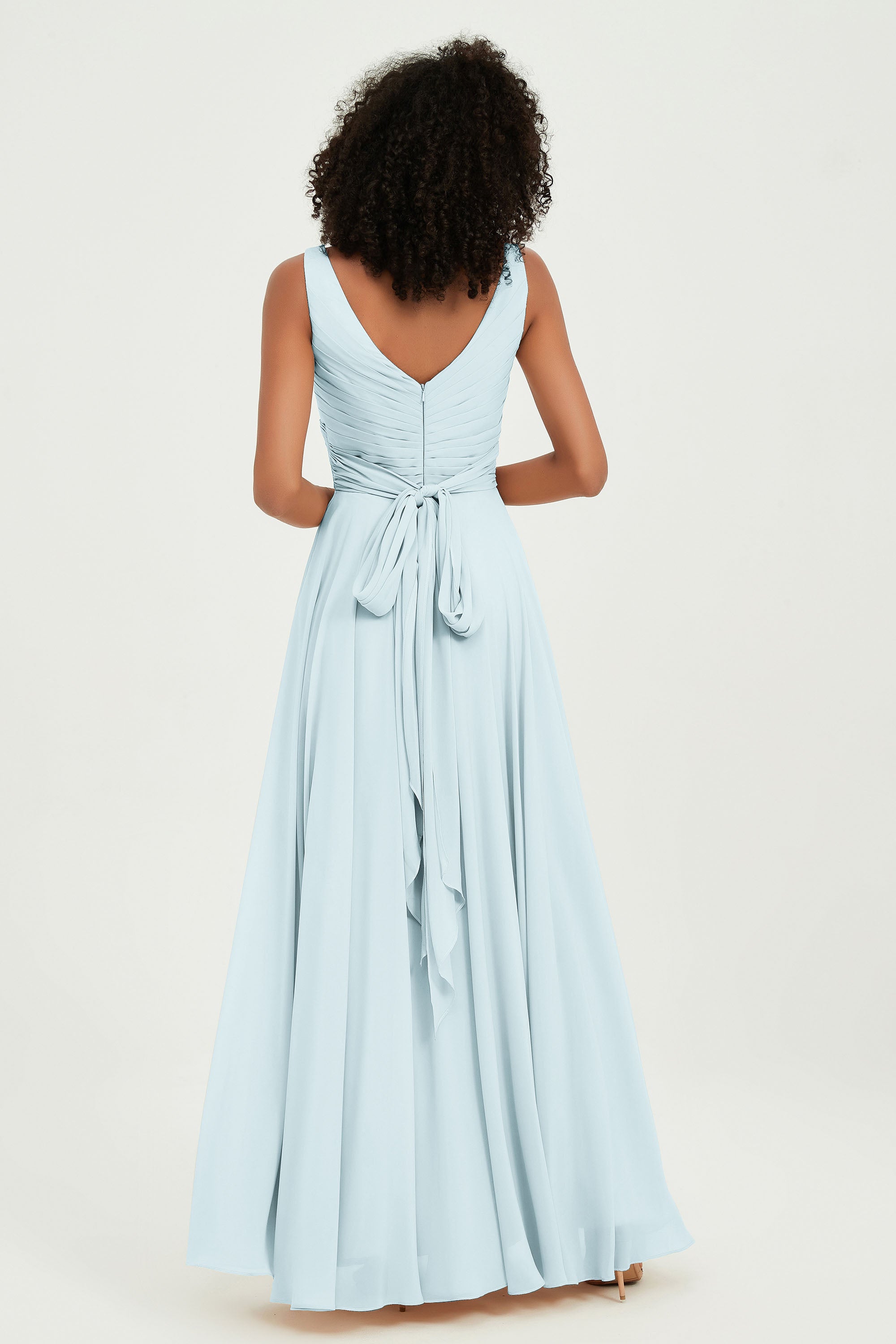 V Neck Chiffon Sleeveless Bridesmaid Dress Pleated Formal Evening Prom Dresses with Bow Sash