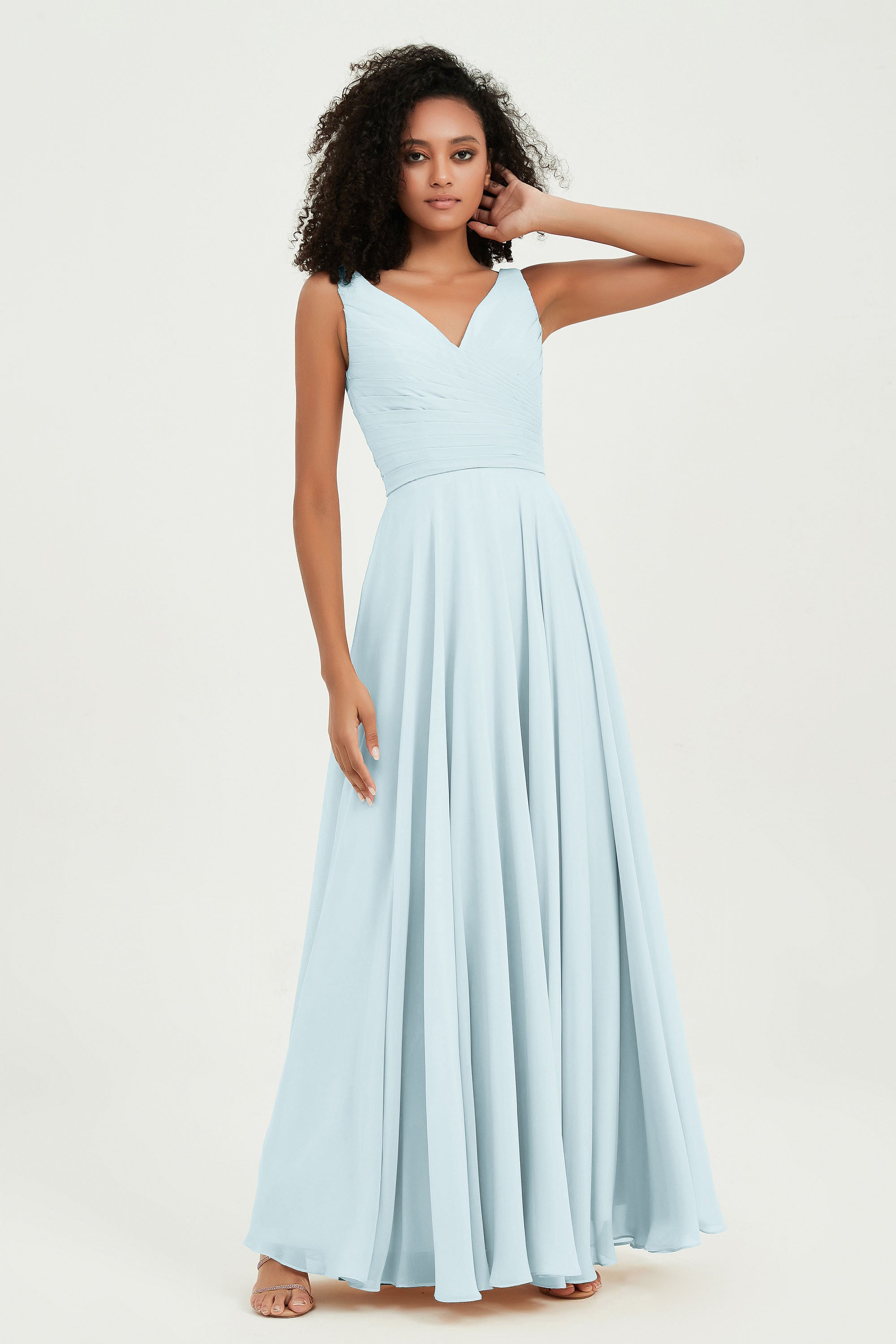 V Neck Chiffon Sleeveless Bridesmaid Dress Pleated Formal Evening Prom Dresses with Bow Sash