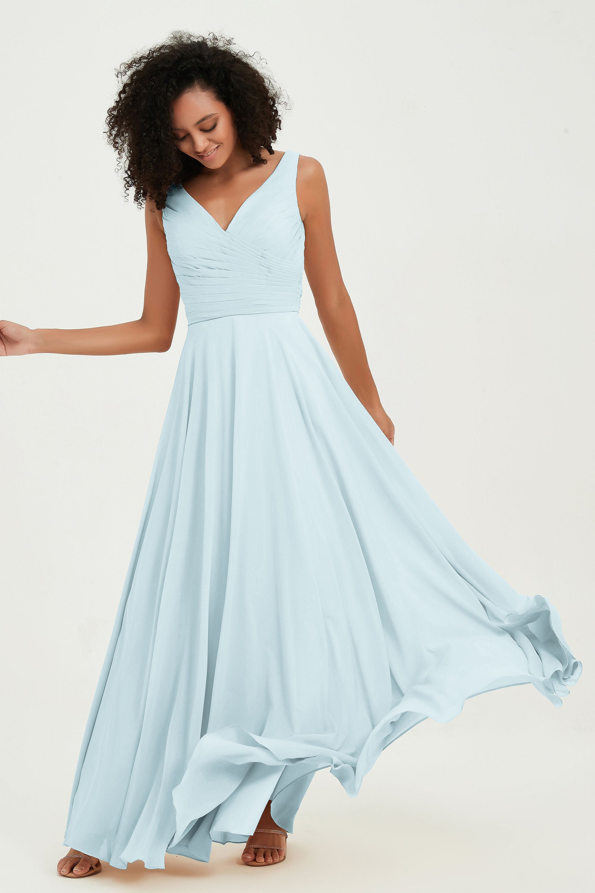 V Neck Chiffon Sleeveless Bridesmaid Dress Pleated Formal Evening Prom Dresses with Bow Sash