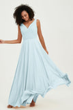 V Neck Chiffon Sleeveless Bridesmaid Dress Pleated Formal Evening Prom Dresses with Bow Sash
