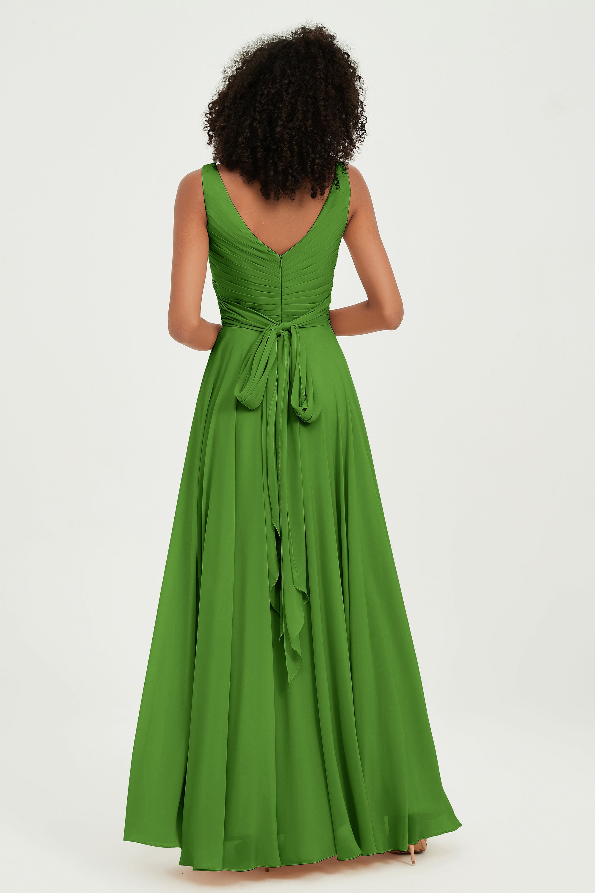 V Neck Chiffon Sleeveless Bridesmaid Dress Pleated Formal Evening Prom Dresses with Bow Sash