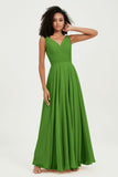 V Neck Chiffon Sleeveless Bridesmaid Dress Pleated Formal Evening Prom Dresses with Bow Sash