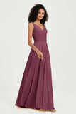 V Neck Chiffon Sleeveless Bridesmaid Dress Pleated Formal Evening Prom Dresses with Bow Sash
