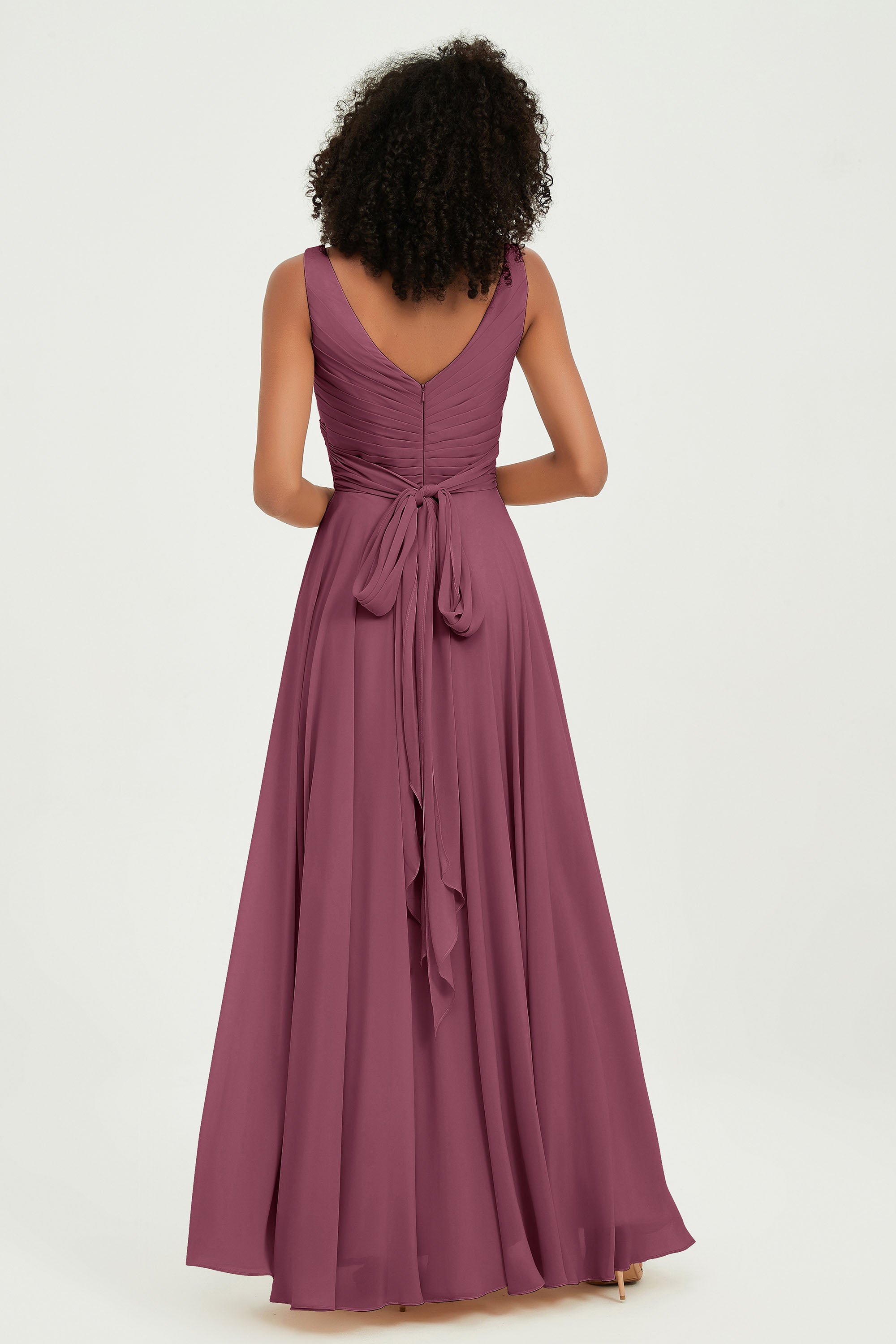 V Neck Chiffon Sleeveless Bridesmaid Dress Pleated Formal Evening Prom Dresses with Bow Sash