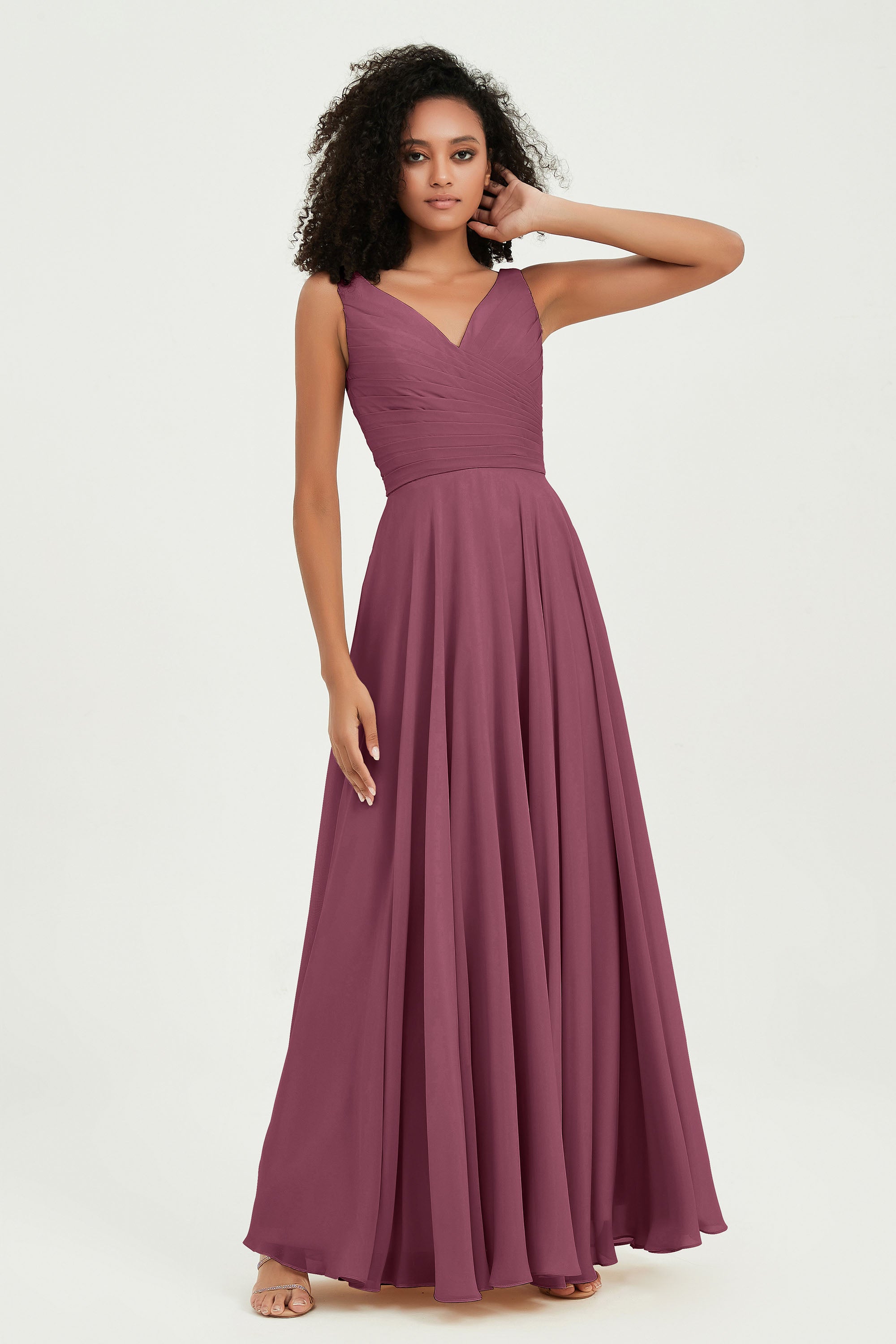 V Neck Chiffon Sleeveless Bridesmaid Dress Pleated Formal Evening Prom Dresses with Bow Sash