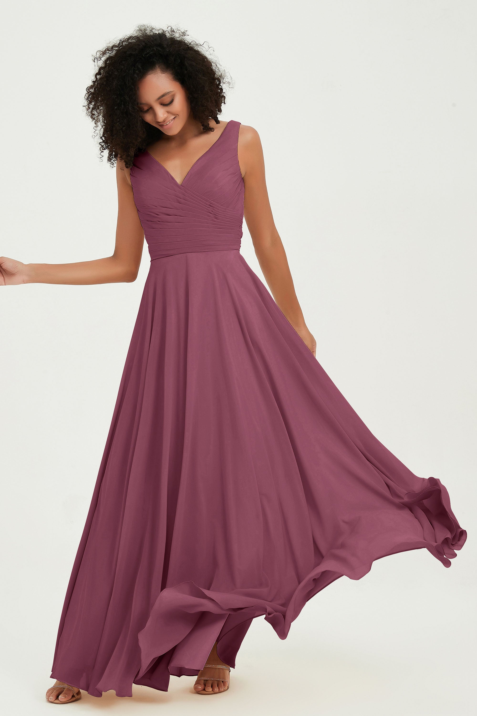 V Neck Chiffon Sleeveless Bridesmaid Dress Pleated Formal Evening Prom Dresses with Bow Sash