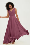 V Neck Chiffon Sleeveless Bridesmaid Dress Pleated Formal Evening Prom Dresses with Bow Sash