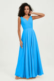 V Neck Chiffon Sleeveless Bridesmaid Dress Pleated Formal Evening Prom Dresses with Bow Sash