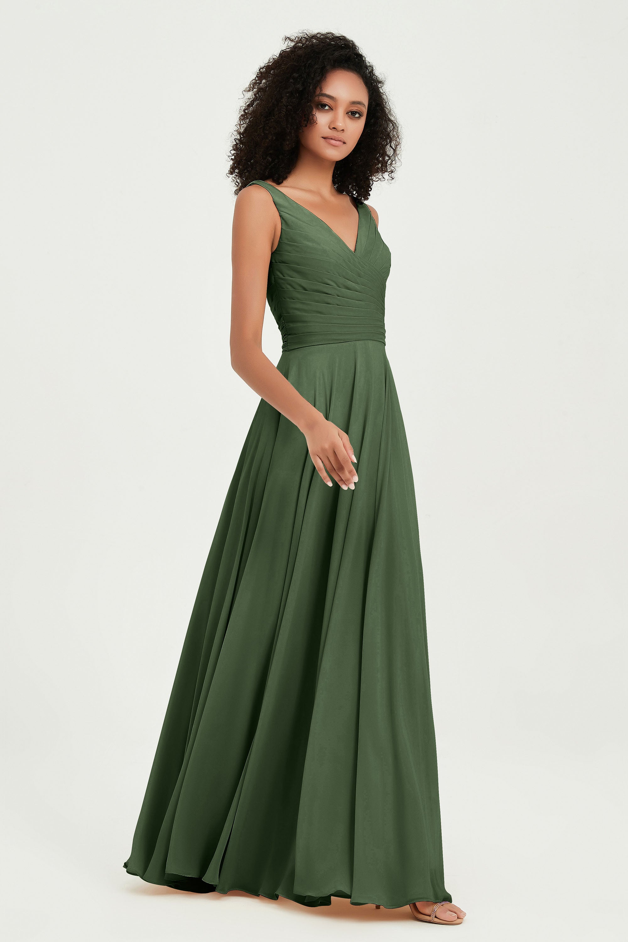 V Neck Chiffon Sleeveless Bridesmaid Dress Pleated Formal Evening Prom Dresses with Bow Sash