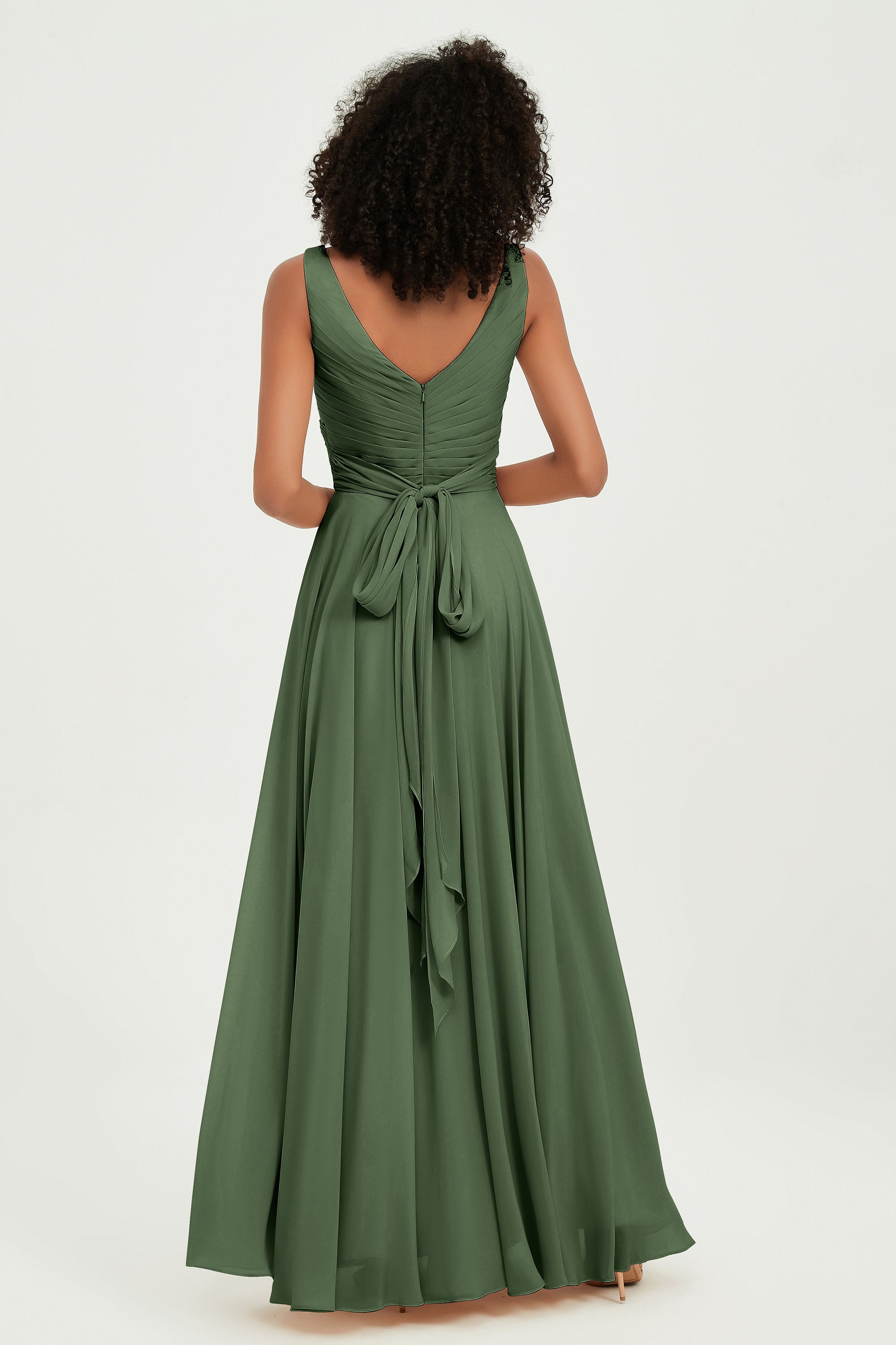 V Neck Chiffon Sleeveless Bridesmaid Dress Pleated Formal Evening Prom Dresses with Bow Sash