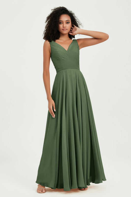V Neck Chiffon Sleeveless Bridesmaid Dress Pleated Formal Evening Prom Dresses with Bow Sash
