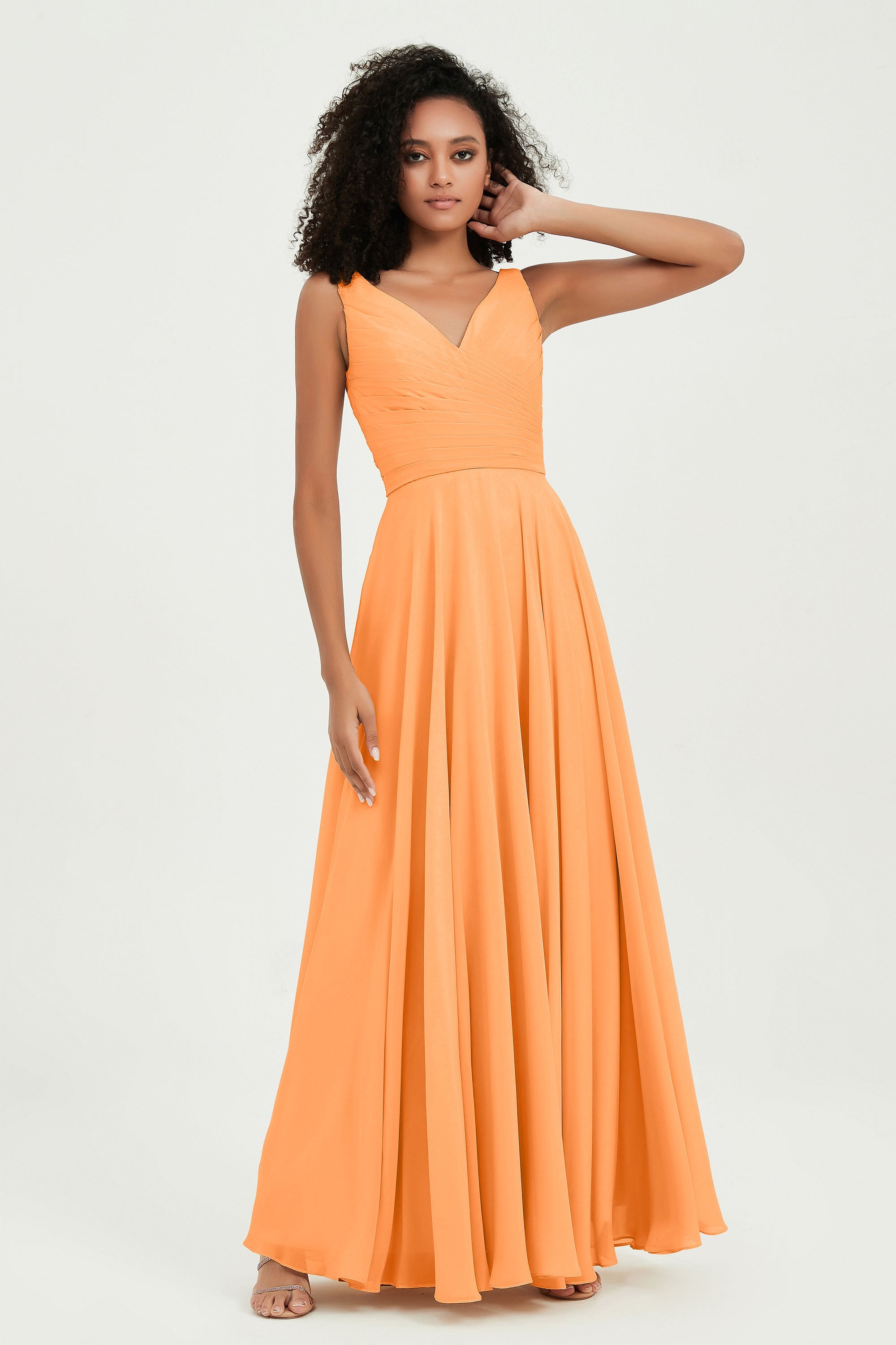 V Neck Chiffon Sleeveless Bridesmaid Dress Pleated Formal Evening Prom Dresses with Bow Sash