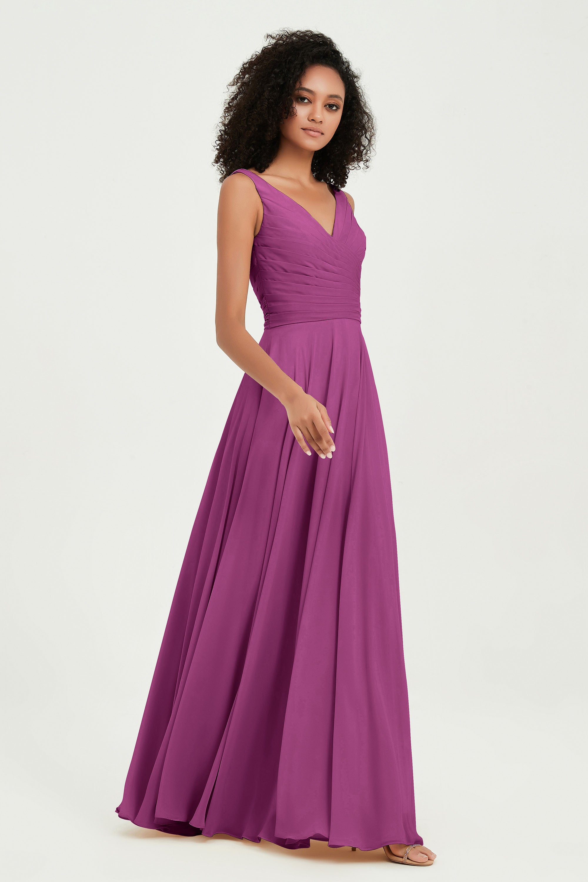 V Neck Chiffon Sleeveless Bridesmaid Dress Pleated Formal Evening Prom Dresses with Bow Sash