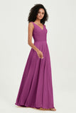 V Neck Chiffon Sleeveless Bridesmaid Dress Pleated Formal Evening Prom Dresses with Bow Sash