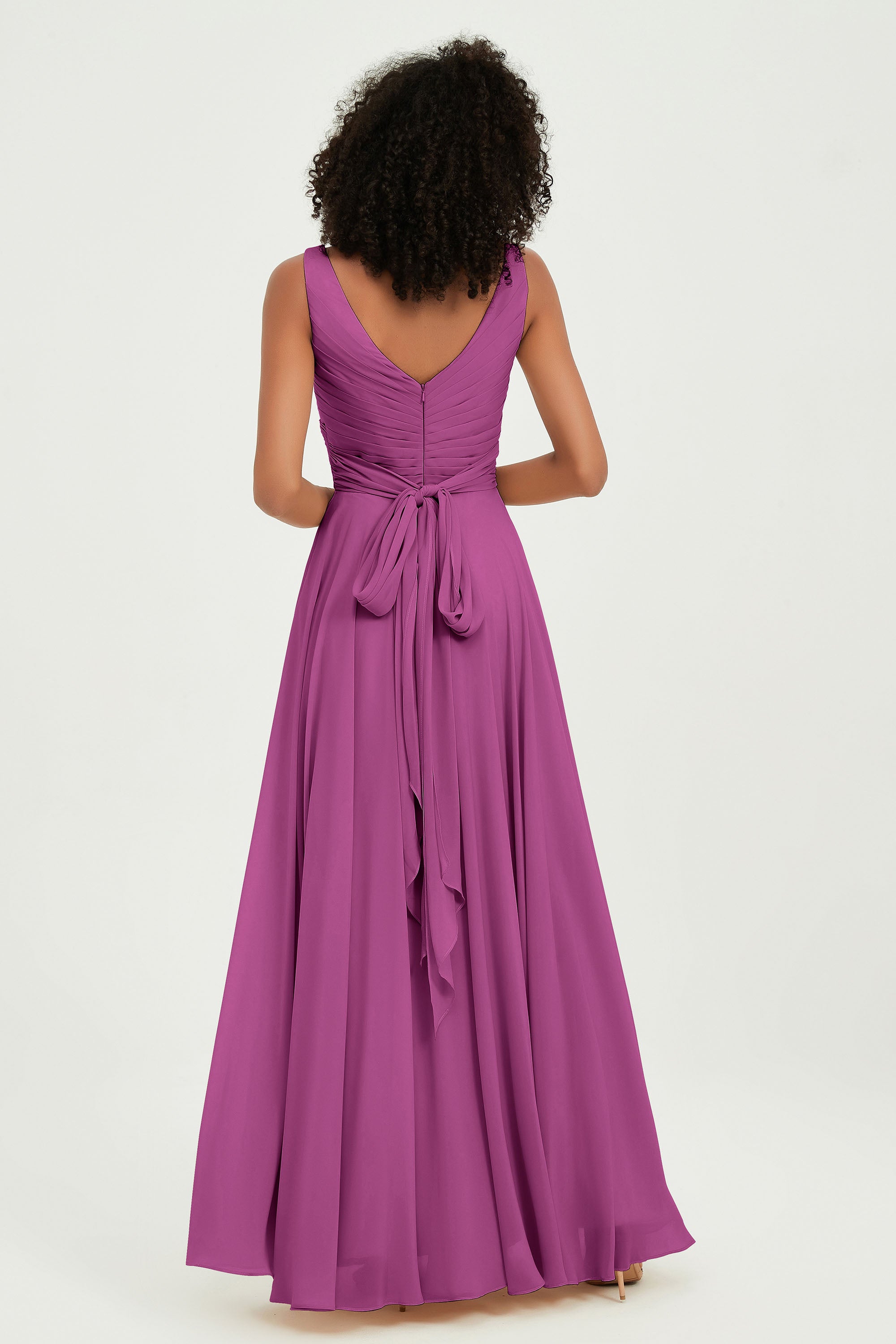 V Neck Chiffon Sleeveless Bridesmaid Dress Pleated Formal Evening Prom Dresses with Bow Sash