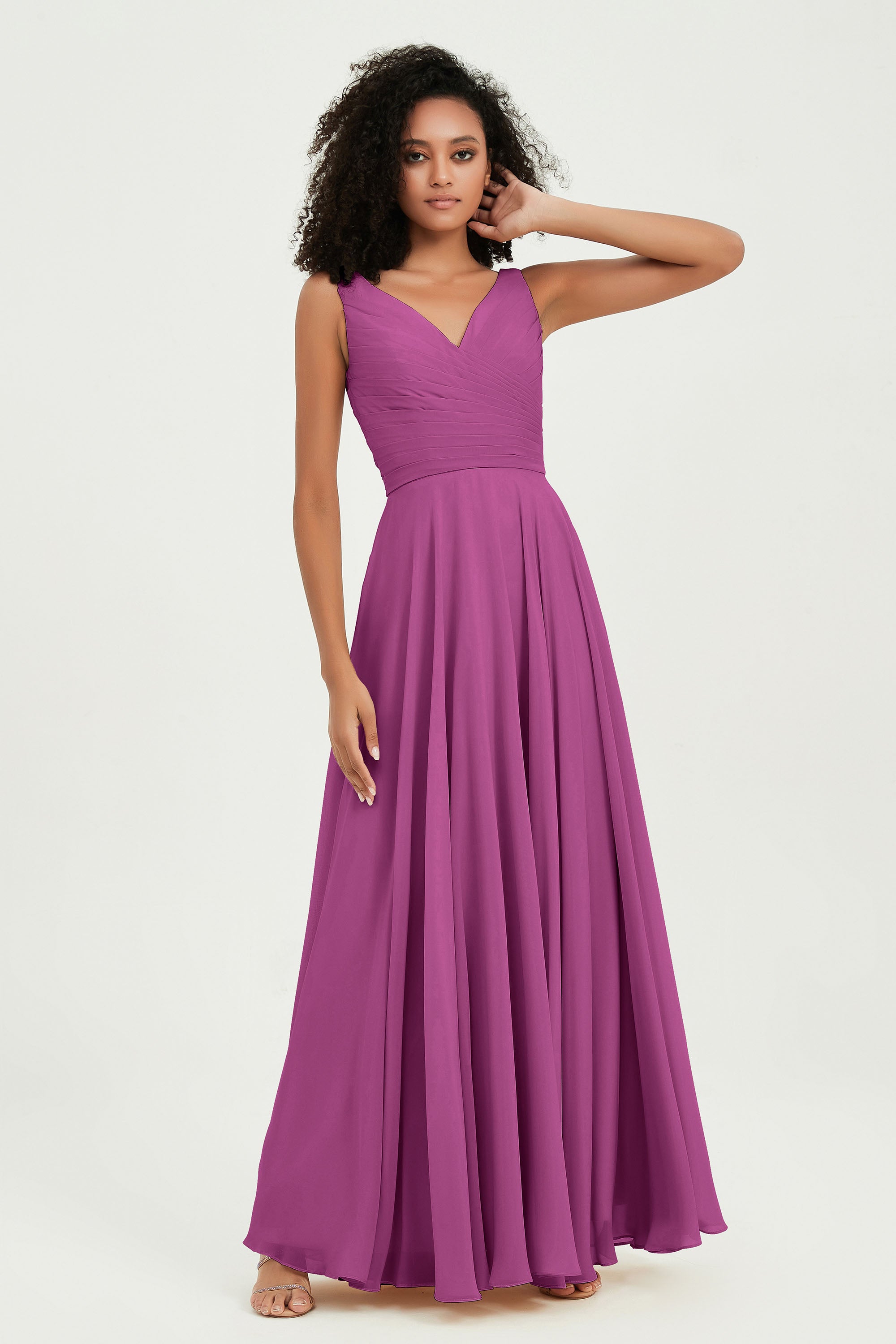 V Neck Chiffon Sleeveless Bridesmaid Dress Pleated Formal Evening Prom Dresses with Bow Sash