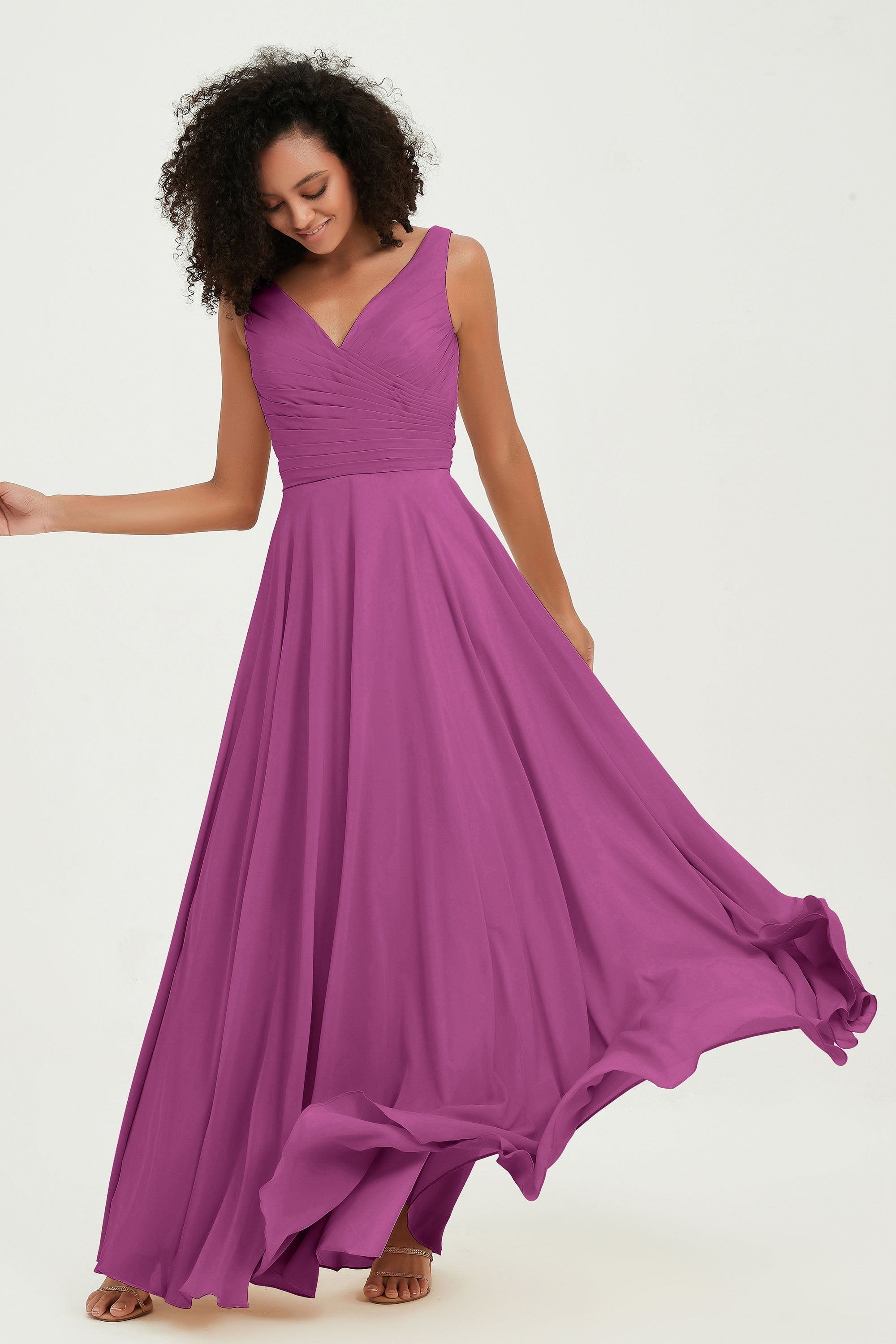 V Neck Chiffon Sleeveless Bridesmaid Dress Pleated Formal Evening Prom Dresses with Bow Sash