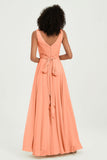 V Neck Chiffon Sleeveless Bridesmaid Dress Pleated Formal Evening Prom Dresses with Bow Sash