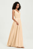 V Neck Chiffon Sleeveless Bridesmaid Dress Pleated Formal Evening Prom Dresses with Bow Sash