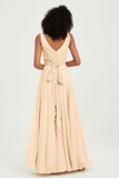 V Neck Chiffon Sleeveless Bridesmaid Dress Pleated Formal Evening Prom Dresses with Bow Sash