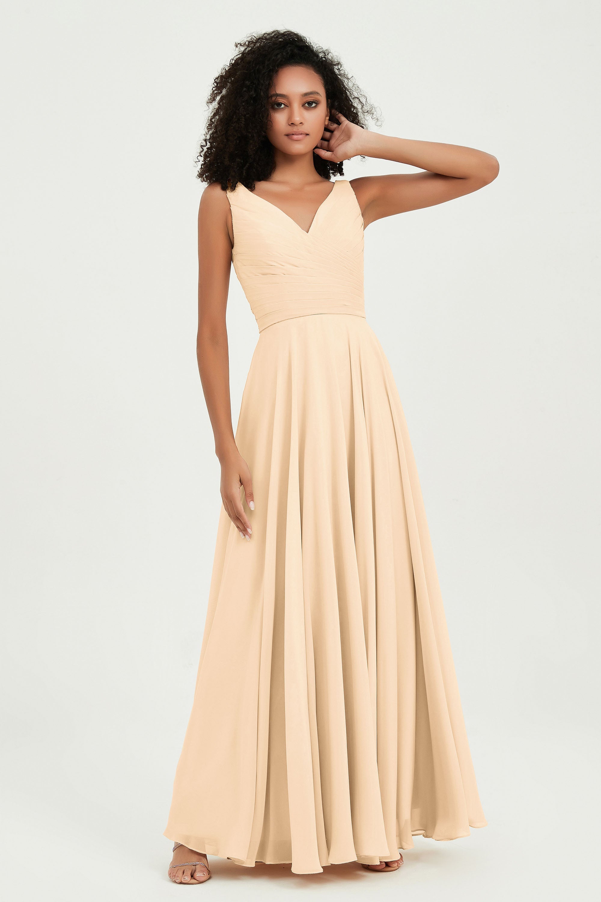 V Neck Chiffon Sleeveless Bridesmaid Dress Pleated Formal Evening Prom Dresses with Bow Sash