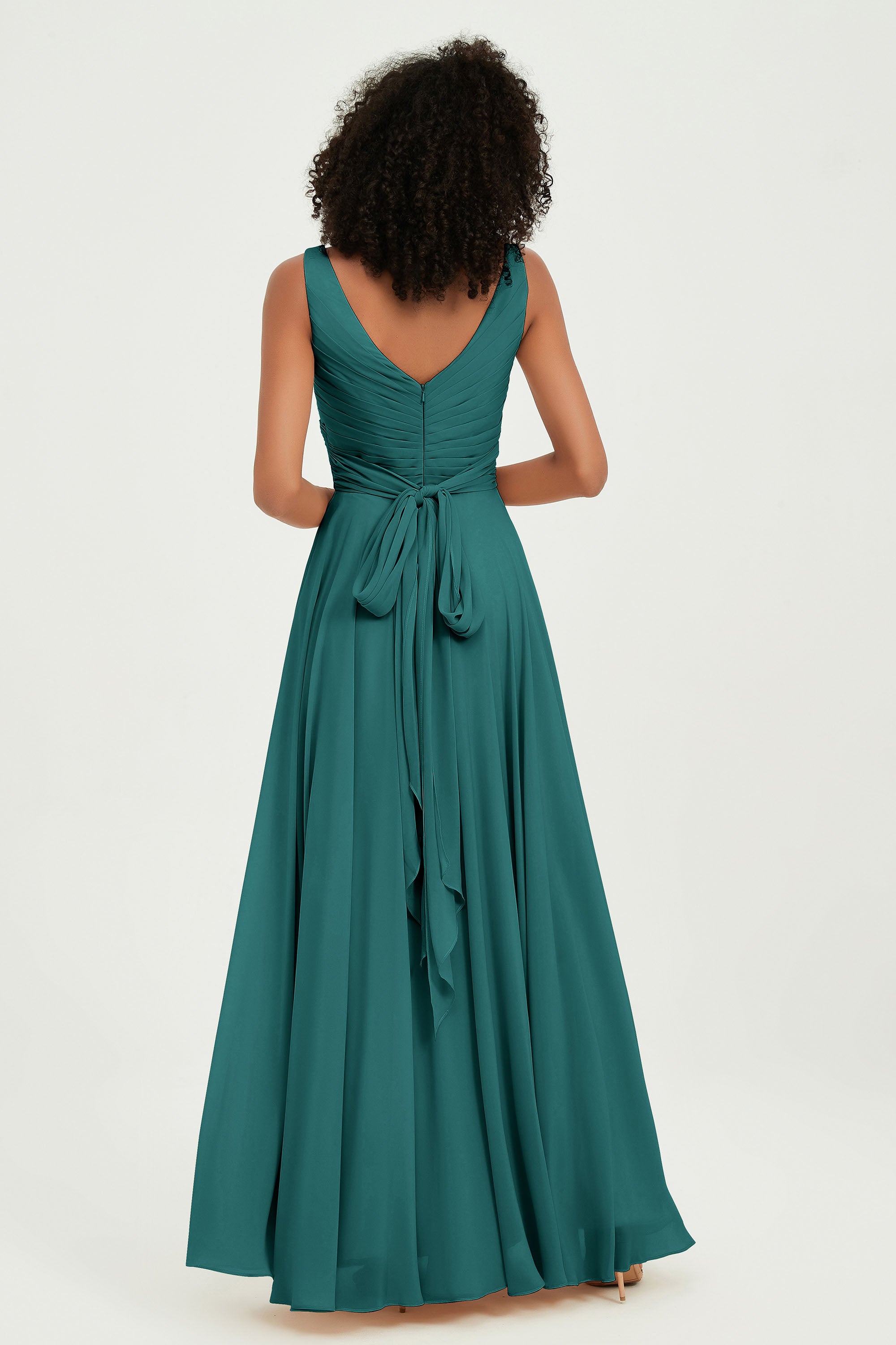 V Neck Chiffon Sleeveless Bridesmaid Dress Pleated Formal Evening Prom Dresses with Bow Sash