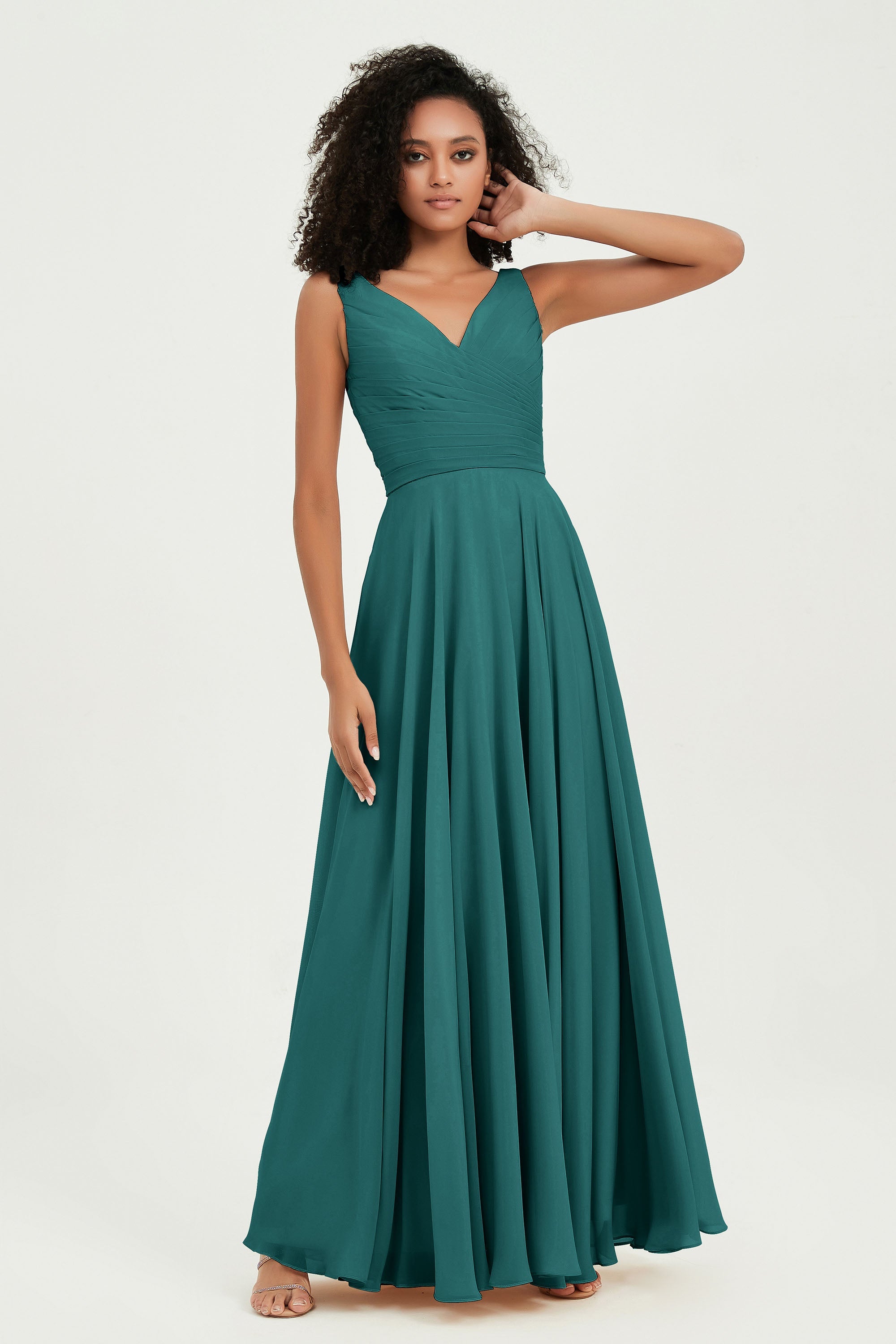 V Neck Chiffon Sleeveless Bridesmaid Dress Pleated Formal Evening Prom Dresses with Bow Sash